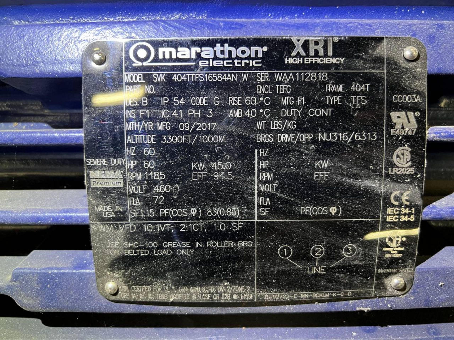 MARATHON SKV 404TTFS16584AN W 60 HP ELECTRIC XRI AC MOTOR - Image 2 of 2