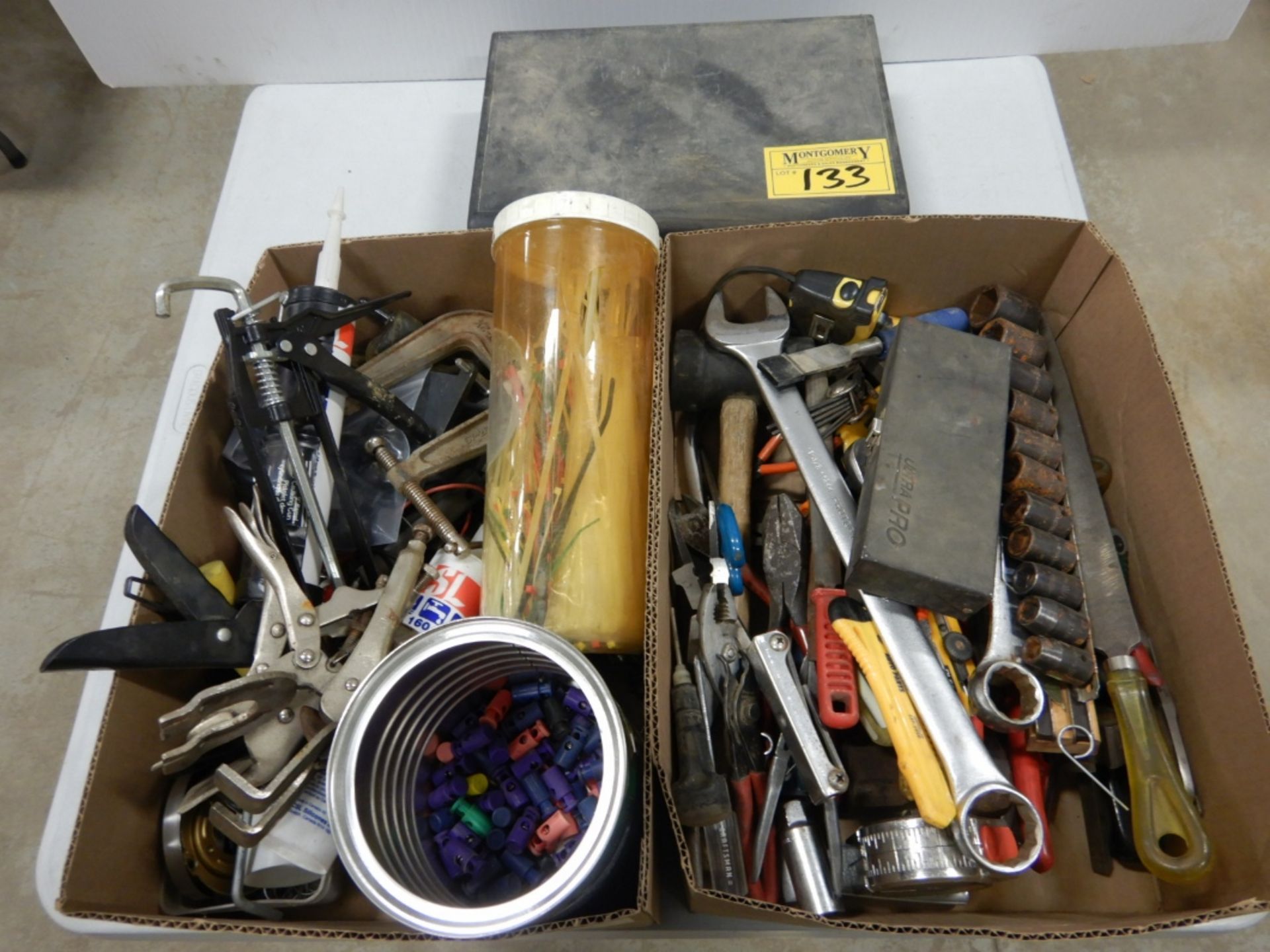 L/O ASSORTED HANDTOOLS, COMBINATION WRENCHES, SOCKETS, CAULKING GUNS, CHISELS, PLIERS, ETC. - Image 2 of 7