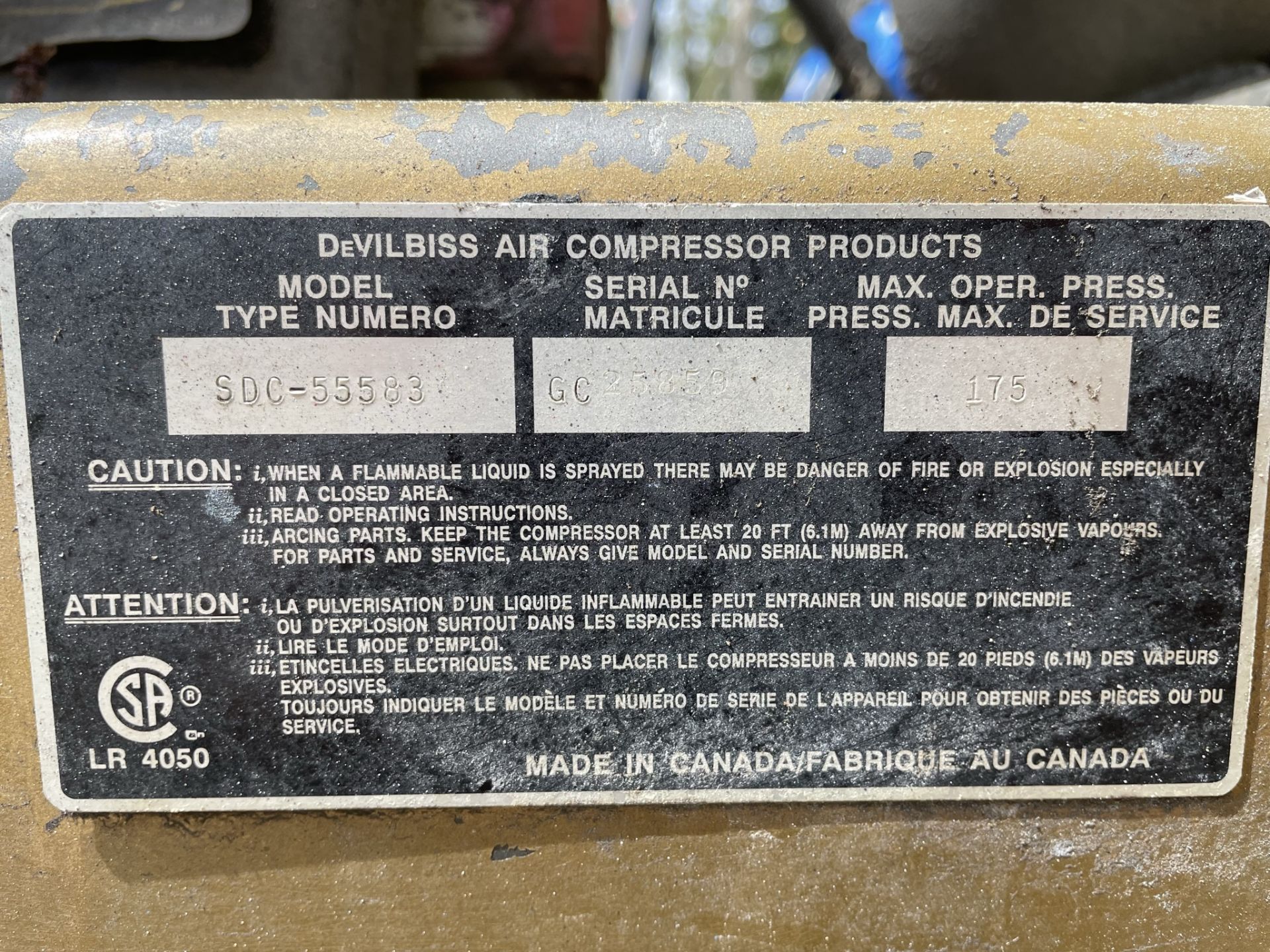 DEVILBISS PRO AIR SDC-55583 HORIZ. AIR COMPRESSOR, 175 PSI - Image 10 of 12