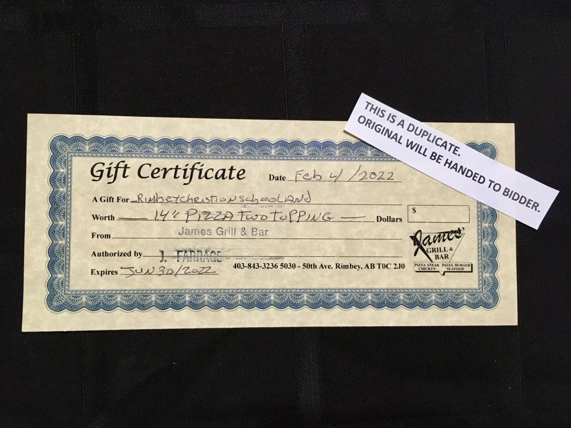 JAMES GRILL & BAR GIFT CERTIFICATE: 14" PIZZA with 2 TOPPINGS