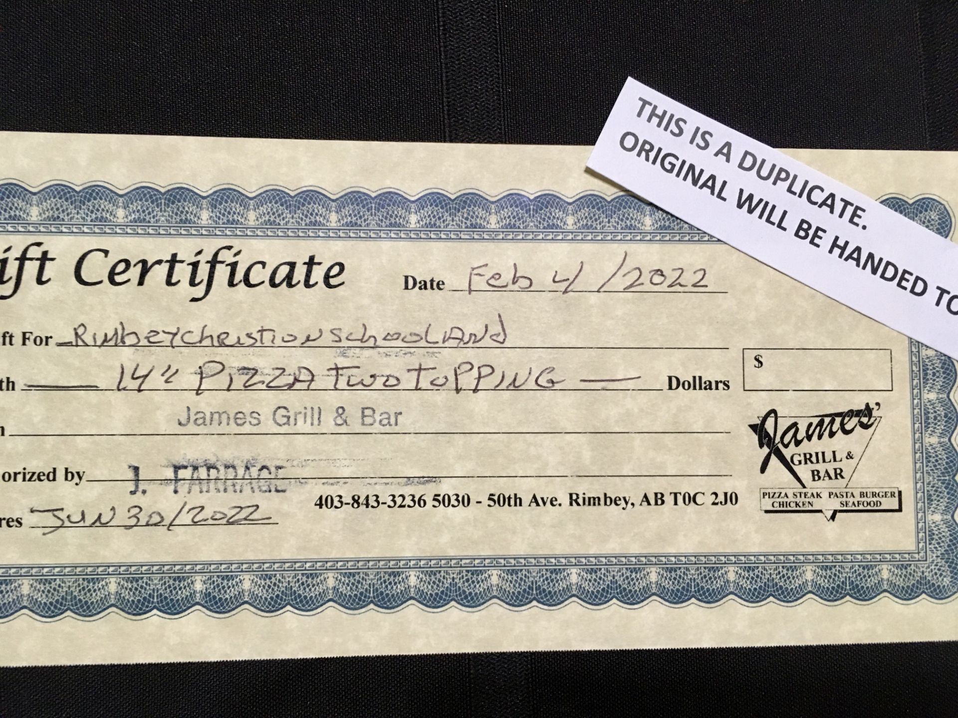 JAMES GRILL & BAR GIFT CERTIFICATE: 14" PIZZA with 2 TOPPINGS - Image 2 of 2