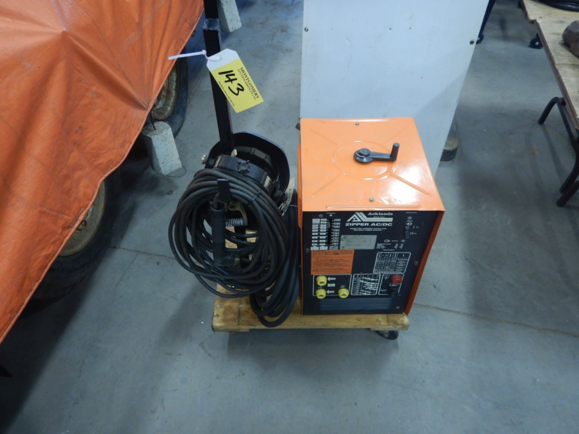 ACKLANDS AC/DC ARC WELDER ON A BASE W/ HELMET AND CORDS - Image 2 of 4