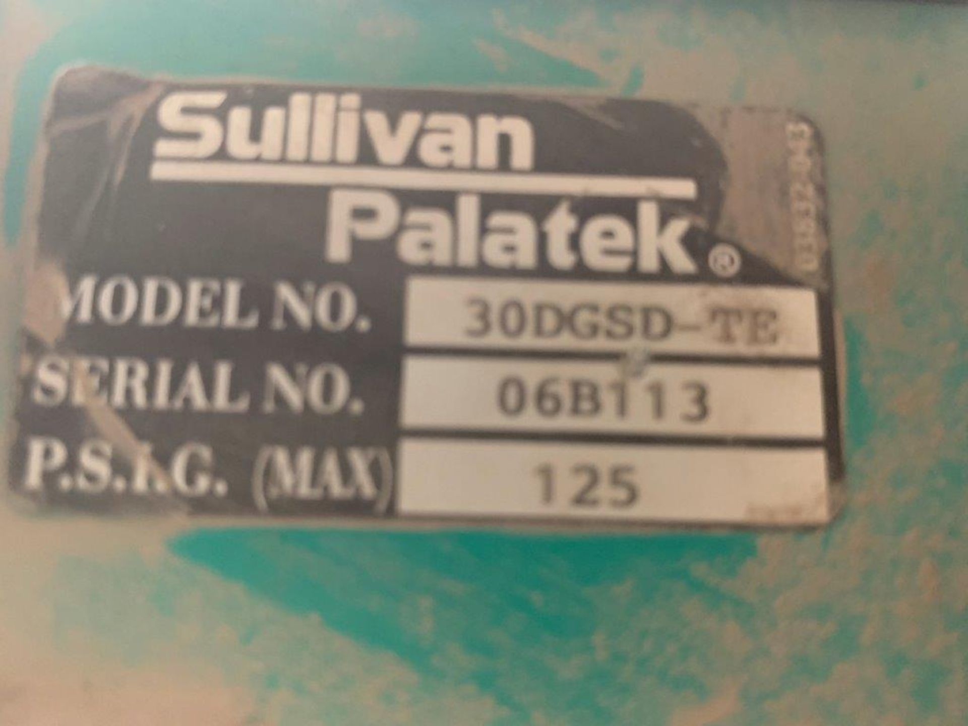 SULLIVAN-PALATEK SCREW AIR COMPRESSOR, 30 DGSD-TE, SIG MAX 125, 208V 3 PH, S/N 06B113 - Image 5 of 9