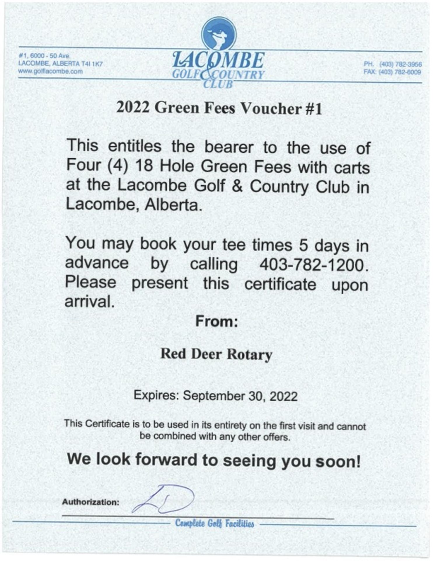 Lacombe Golf & Country Club - One Foursome of 18 Holes plus Carts - (item #1)