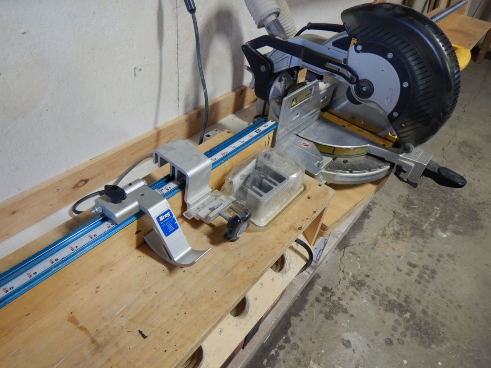 DEWALT 10" COMPOUND MITRE SAW W/CUSTOM WOODEN BENCH TOP STAND - Image 3 of 4