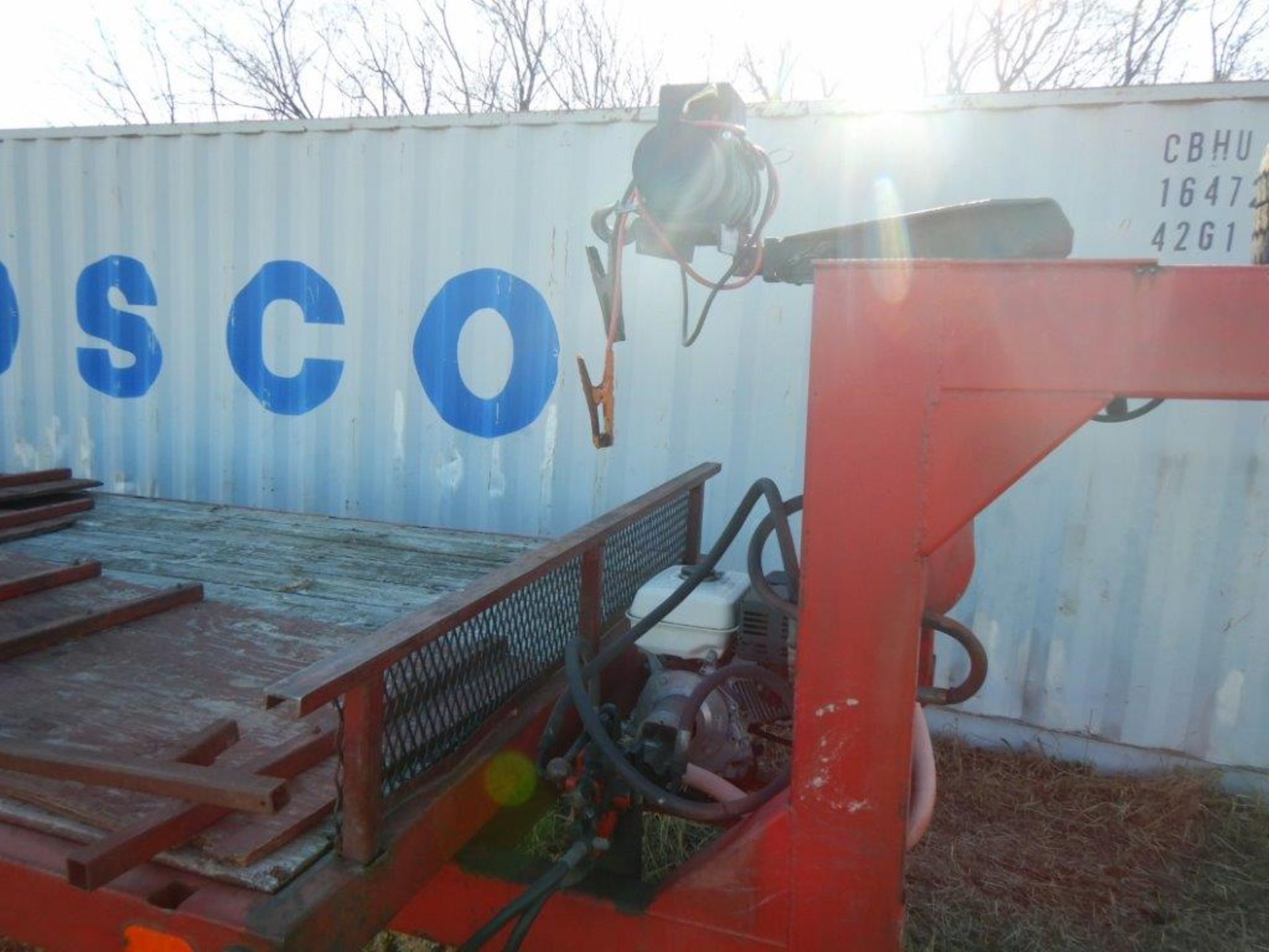 T/A G/N FLAT DECK TRAILER W/WINCH, HYD. TILT, 9 HP HONDA ENGINE (NO VIN) - Image 14 of 15