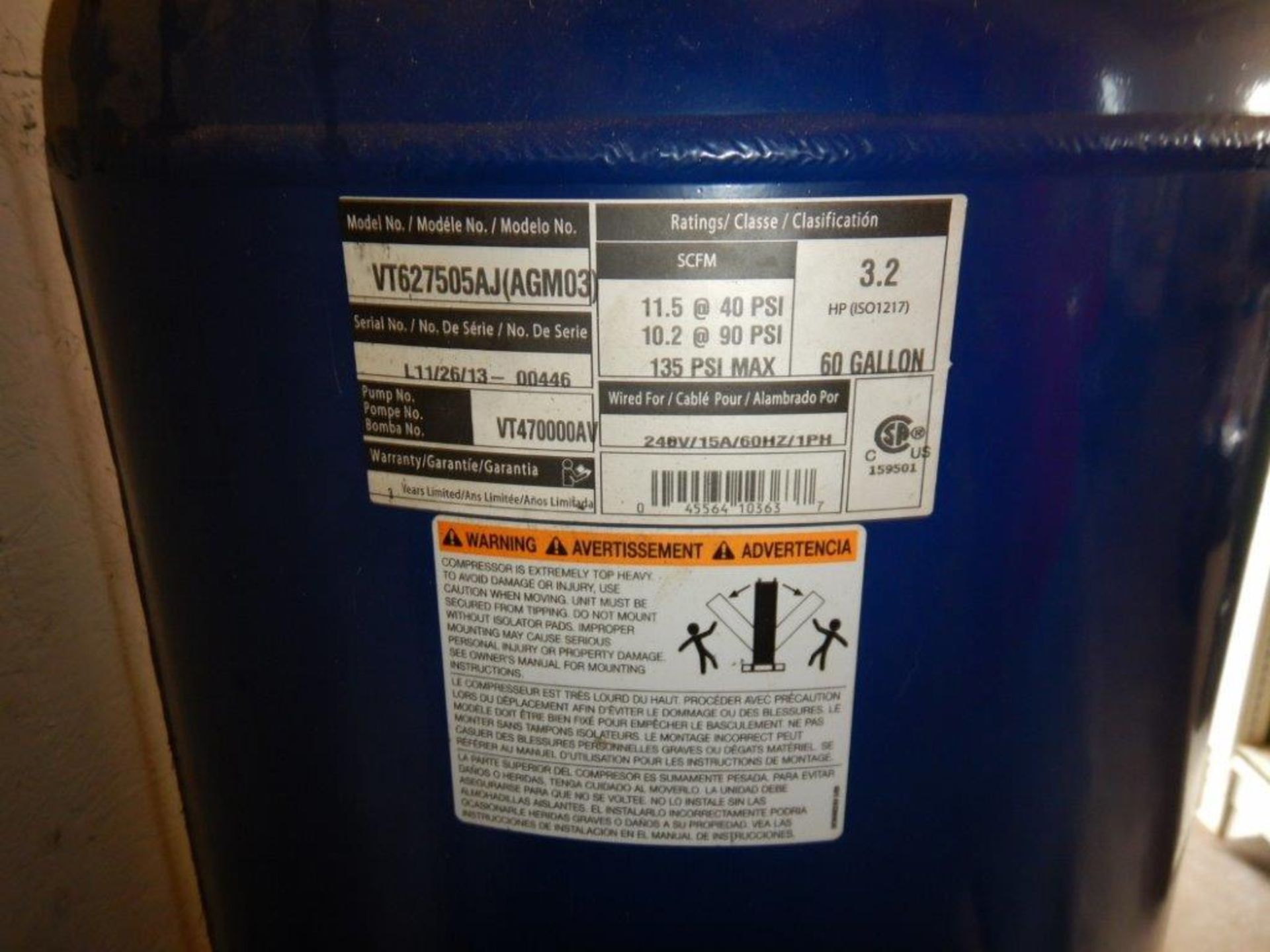 CAMPBELL HAUSFELD 60 GAL UPRITE AIR COMPRESSOR W/ 5 HP-110V MOTOR, CAST COMPRESSOR - Image 5 of 5