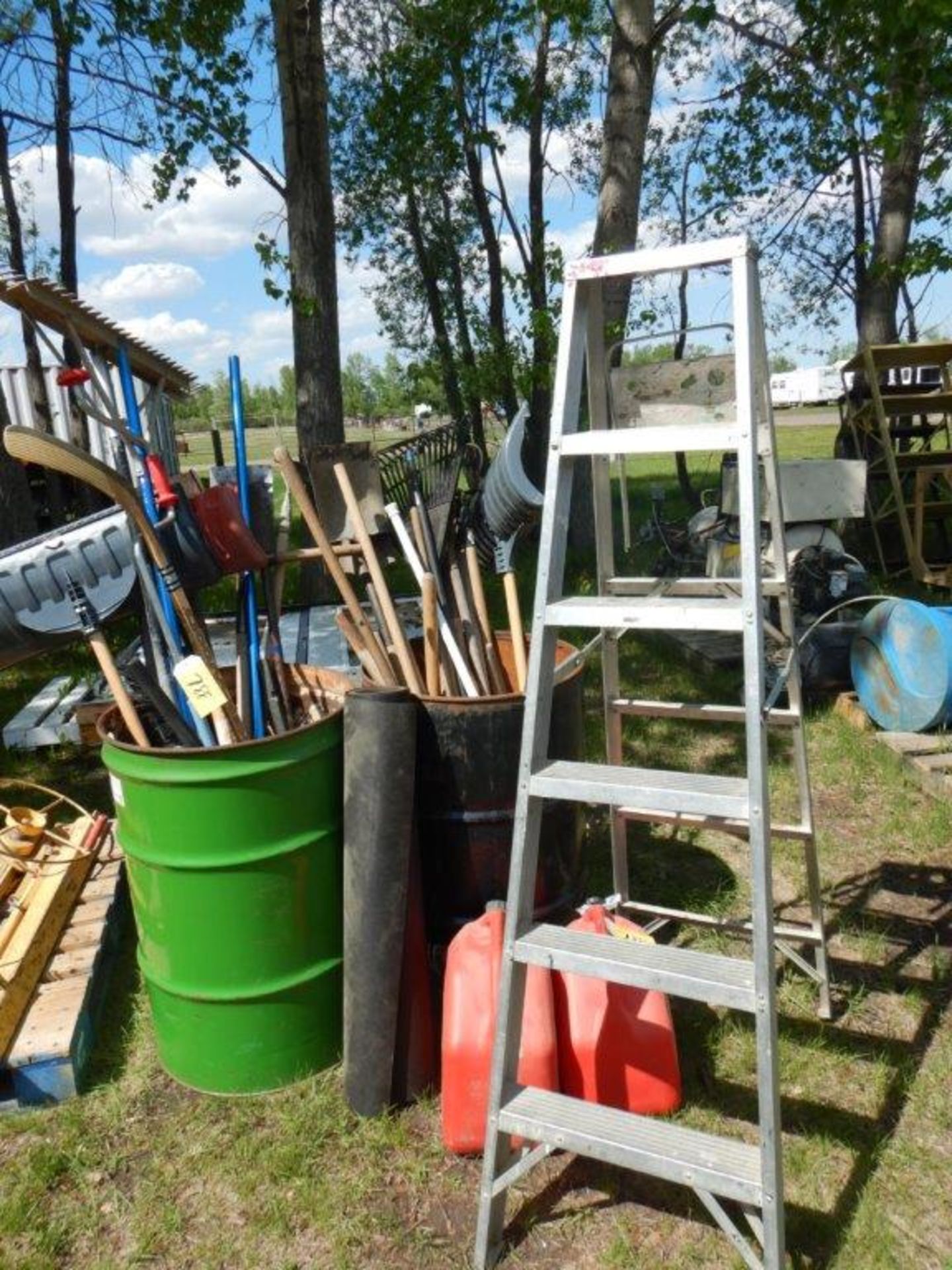 L/O ASSORTED SHOVELS, RAKES, 6FT STEP LADDER, JERRY CANS - Image 2 of 3