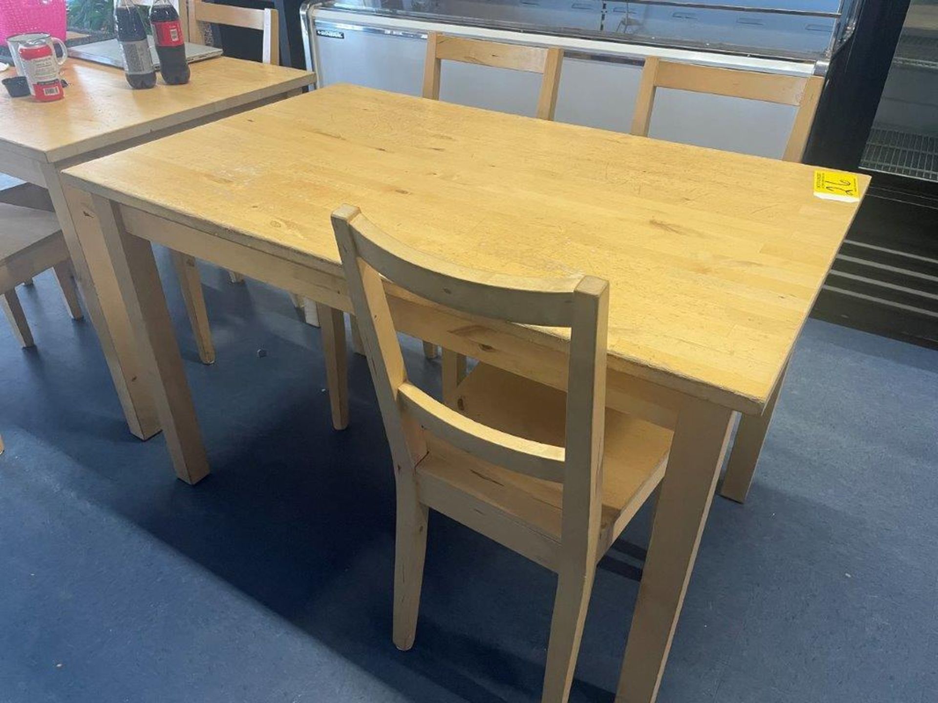 WOODEN RESTAURANT TABLE, 47" X 29", & 3-CHAIRS