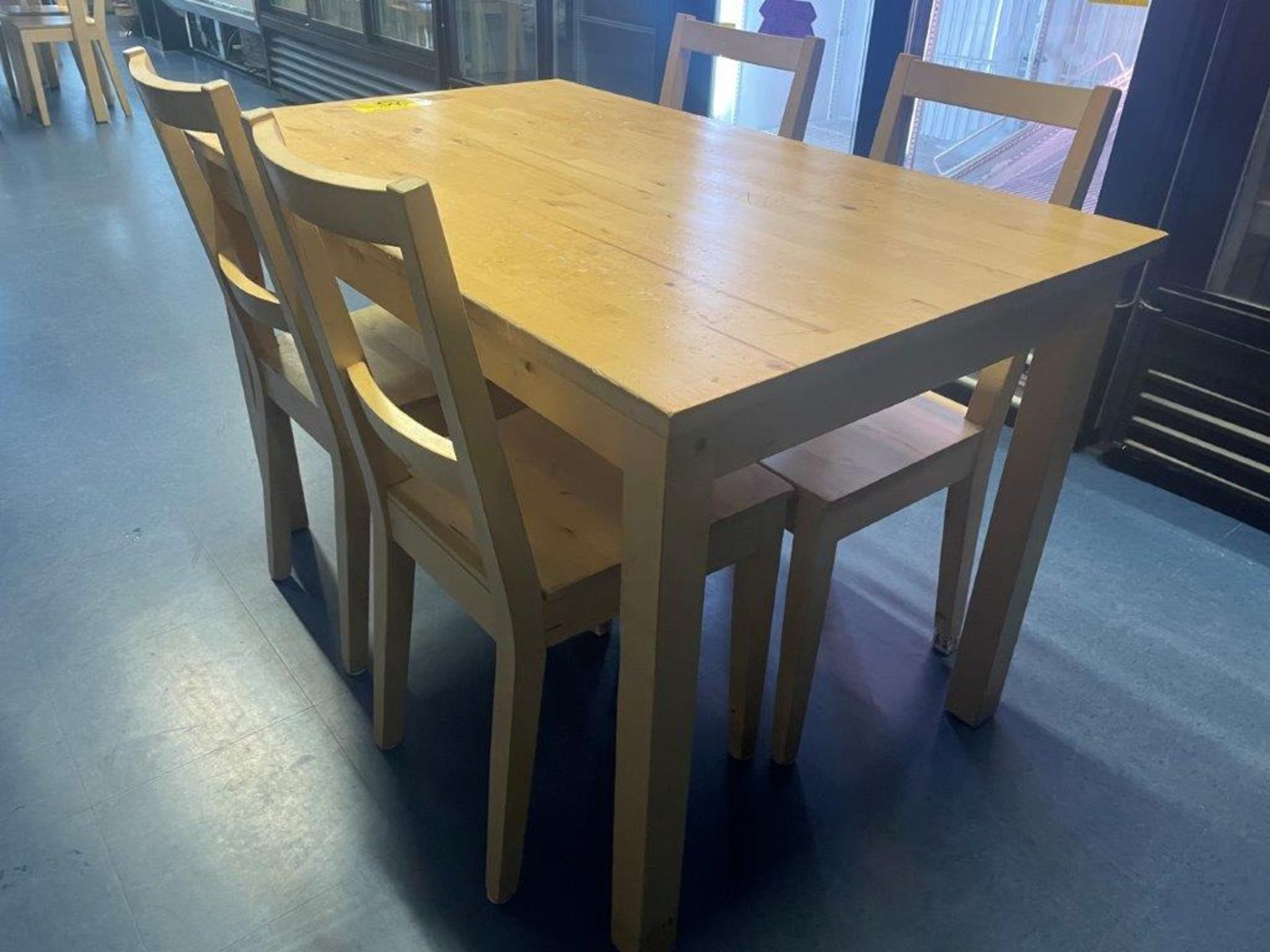 WOODEN RESTAURANT TABLE, 47" X 29", & 4-CHAIRS - Image 2 of 5