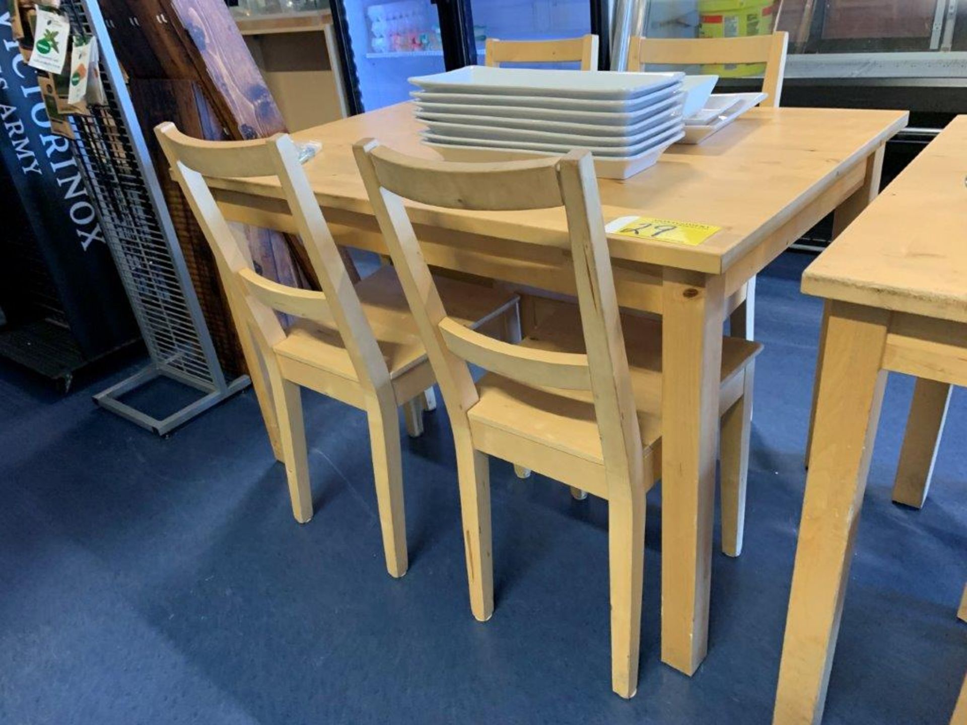 WOODEN RESTAURANT TABLE, 47" X 29", & 4-CHAIRS