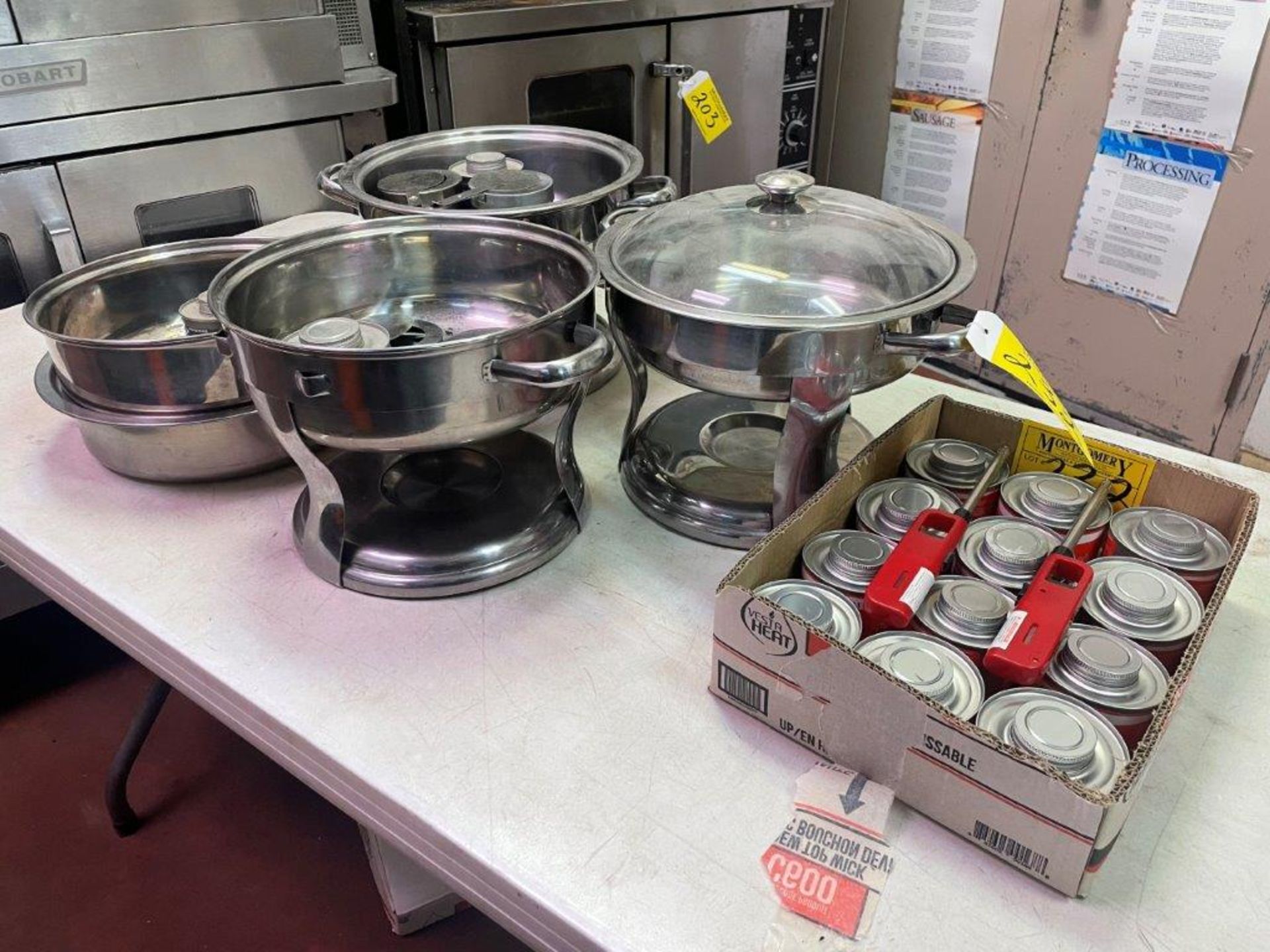 L/O 3-ROUND CHAFING DISHES (INCOMPLETE) W/ STANDS AND FUEL