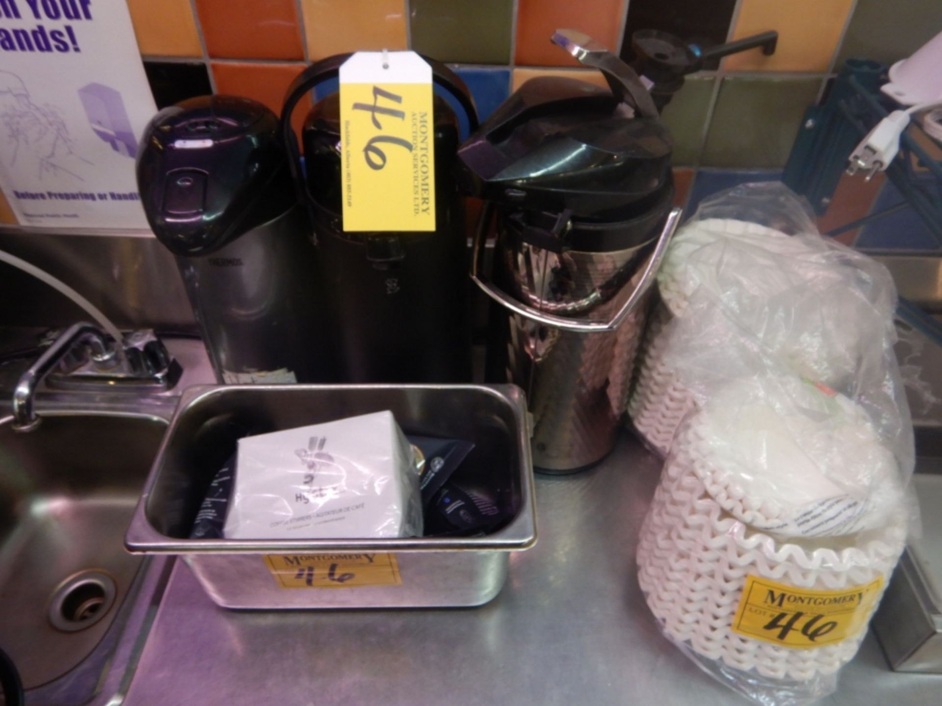 3-HOT BEVERAGE CARAFES, 2-SS SANDWICH CONDIMENT TRAYS, COFFEE FILTERS, ELEC. KETTLE, STIR STICKS - Image 3 of 5