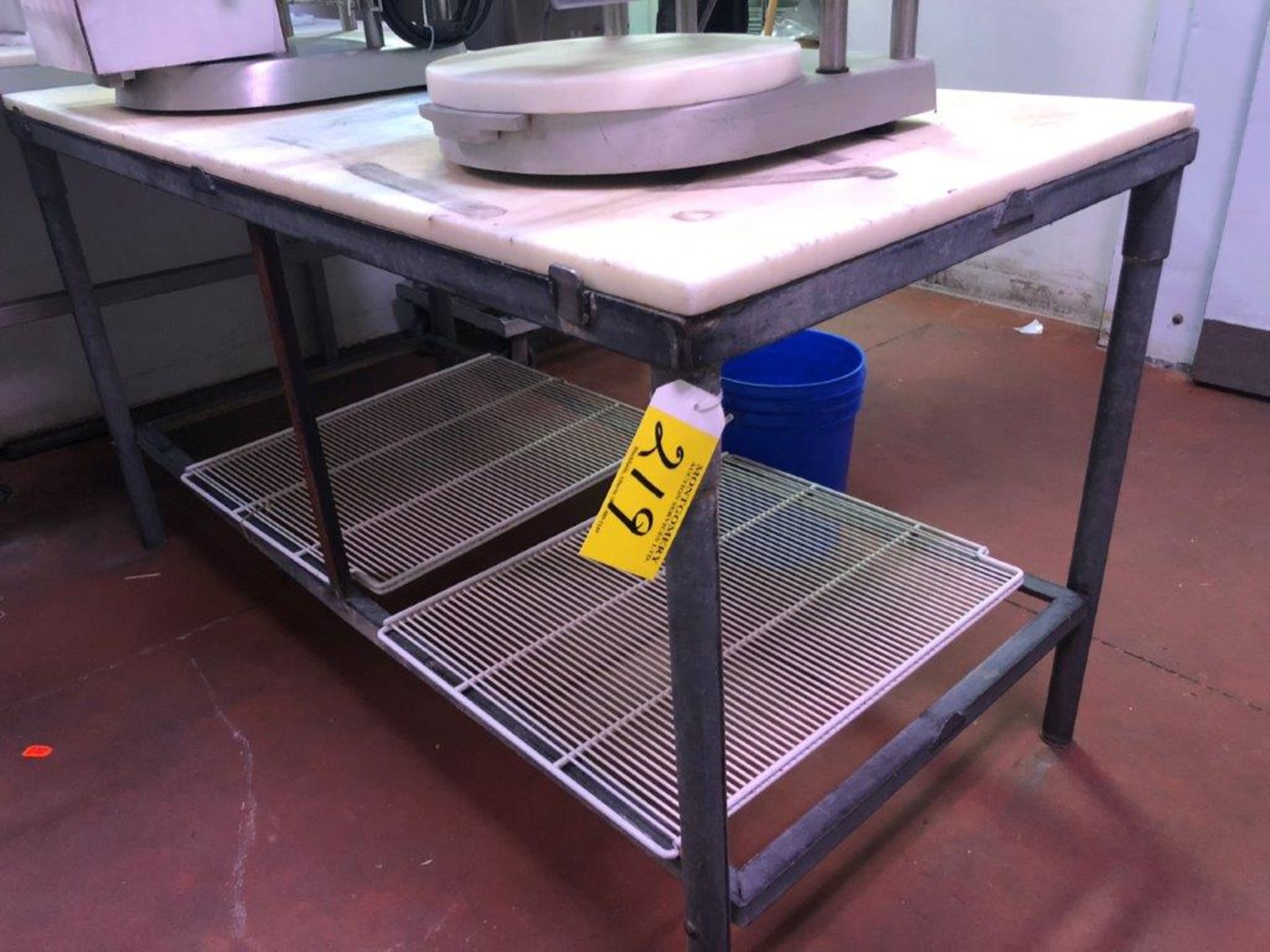 STEEL FRAME WORKTABLE, 30" X 60" X 34", W/ POLY MEAT CUTTING TOP
