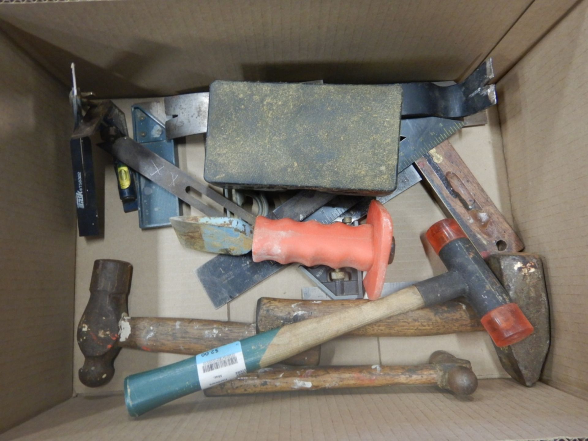 ASSORTED HAMMERS, SQUARES, COLD CHISEL AND PRY BAR
