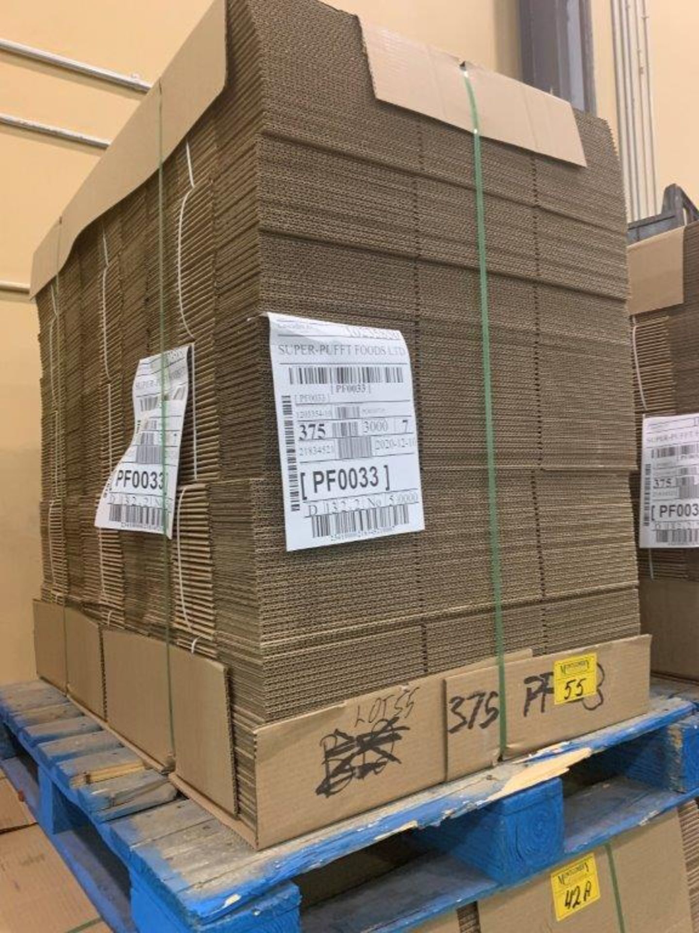 3-PALLETS PF0033 CORRIGATED CARDBOARD BOXES 375 X3 = 1125 BOXES APPROX 20X10X6 INCHES