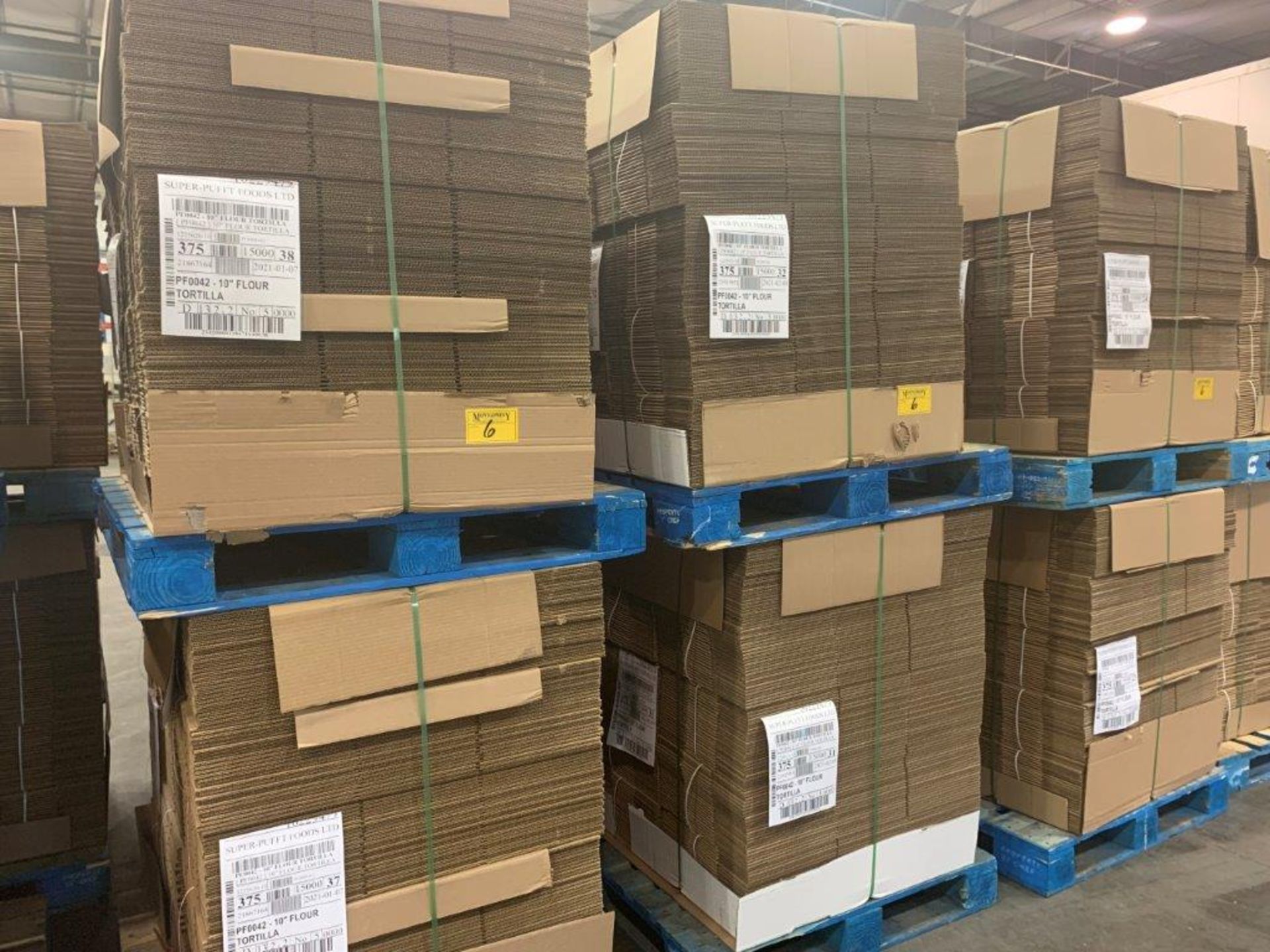 6 PALLETS PF0042 CORRIGATED CARDBOARD BOXES 375X6 - 2250 BOXES APPROX 20X11X5 1/2 INCHES