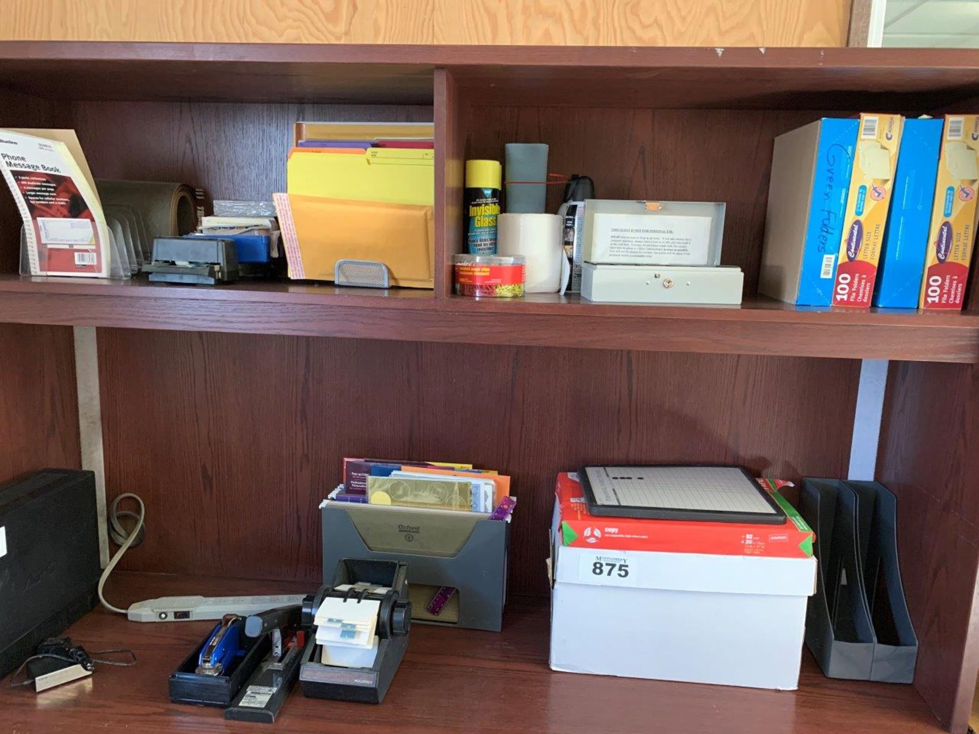 L/O ASSORTED OFFICE SUPPLIES, SEAL STAMP, PAPER, FILE FOLDERS, CASH BOX, ETC. (CABINET NOT INCLUDED)