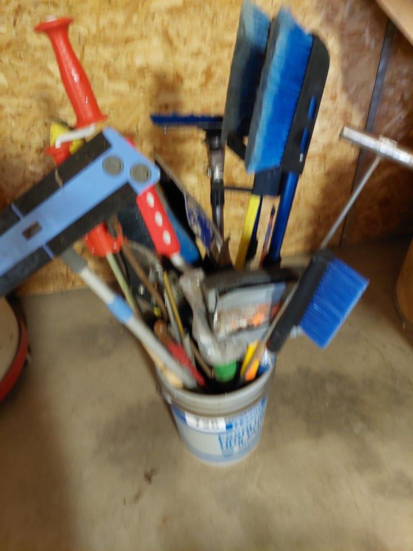 ASSORTED SNOW BRUSHES, SNAKE, PRUNING SHEARS, BRUSHES, SHOVELS, ETC.