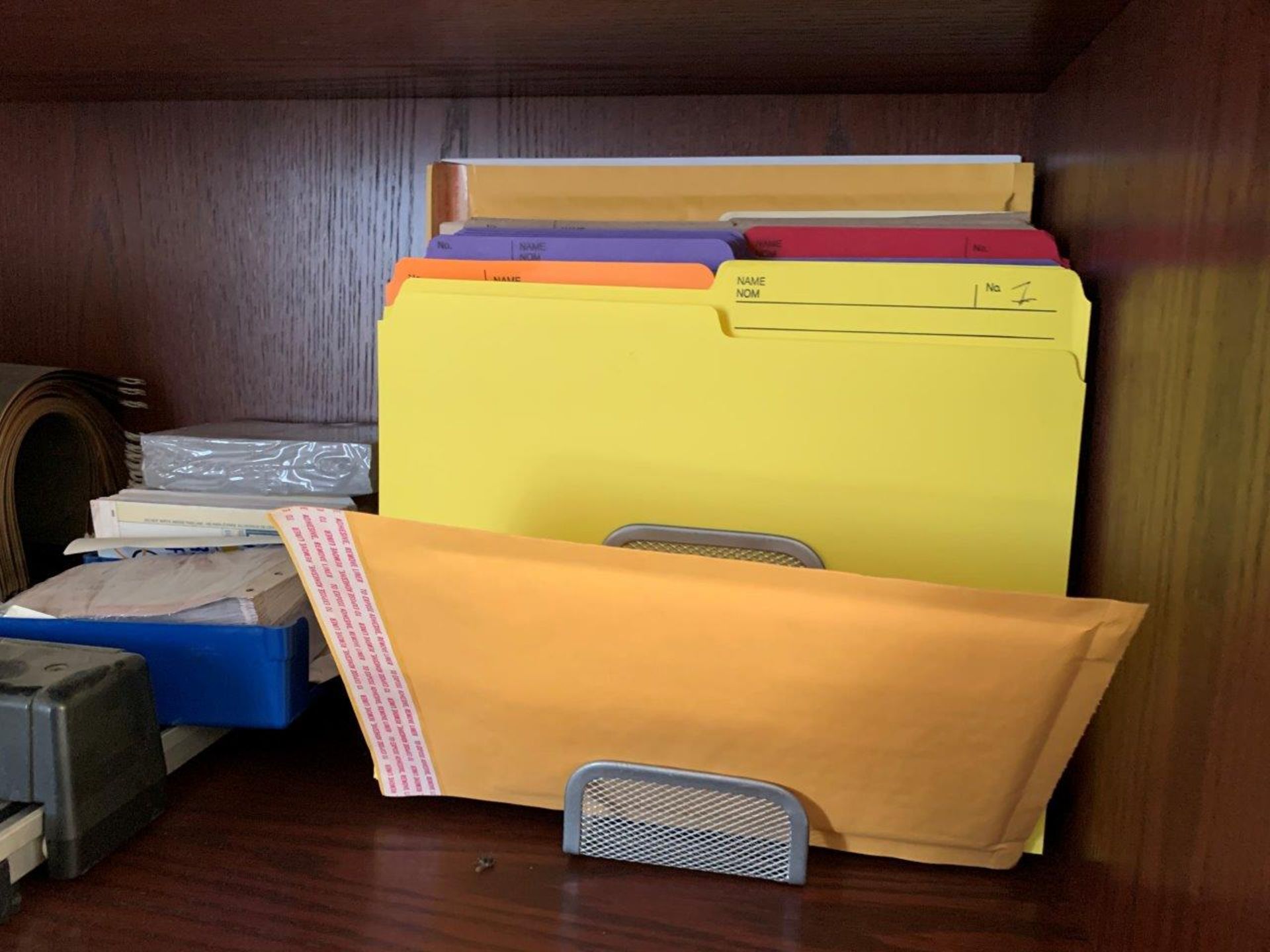 L/O ASSORTED OFFICE SUPPLIES, SEAL STAMP, PAPER, FILE FOLDERS, CASH BOX, ETC. (CABINET NOT INCLUDED) - Image 7 of 10