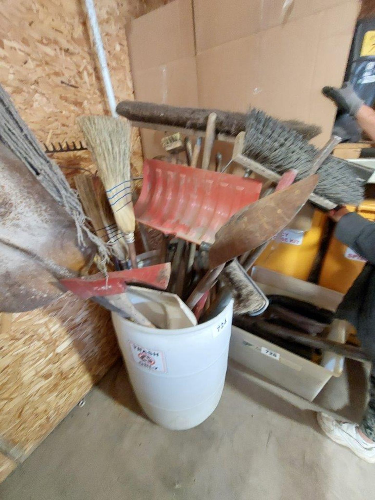 BARREL OF ASSORTED SQUEEGIES, SHOVELS, RAKES, MOPS, ETC. - Image 2 of 2