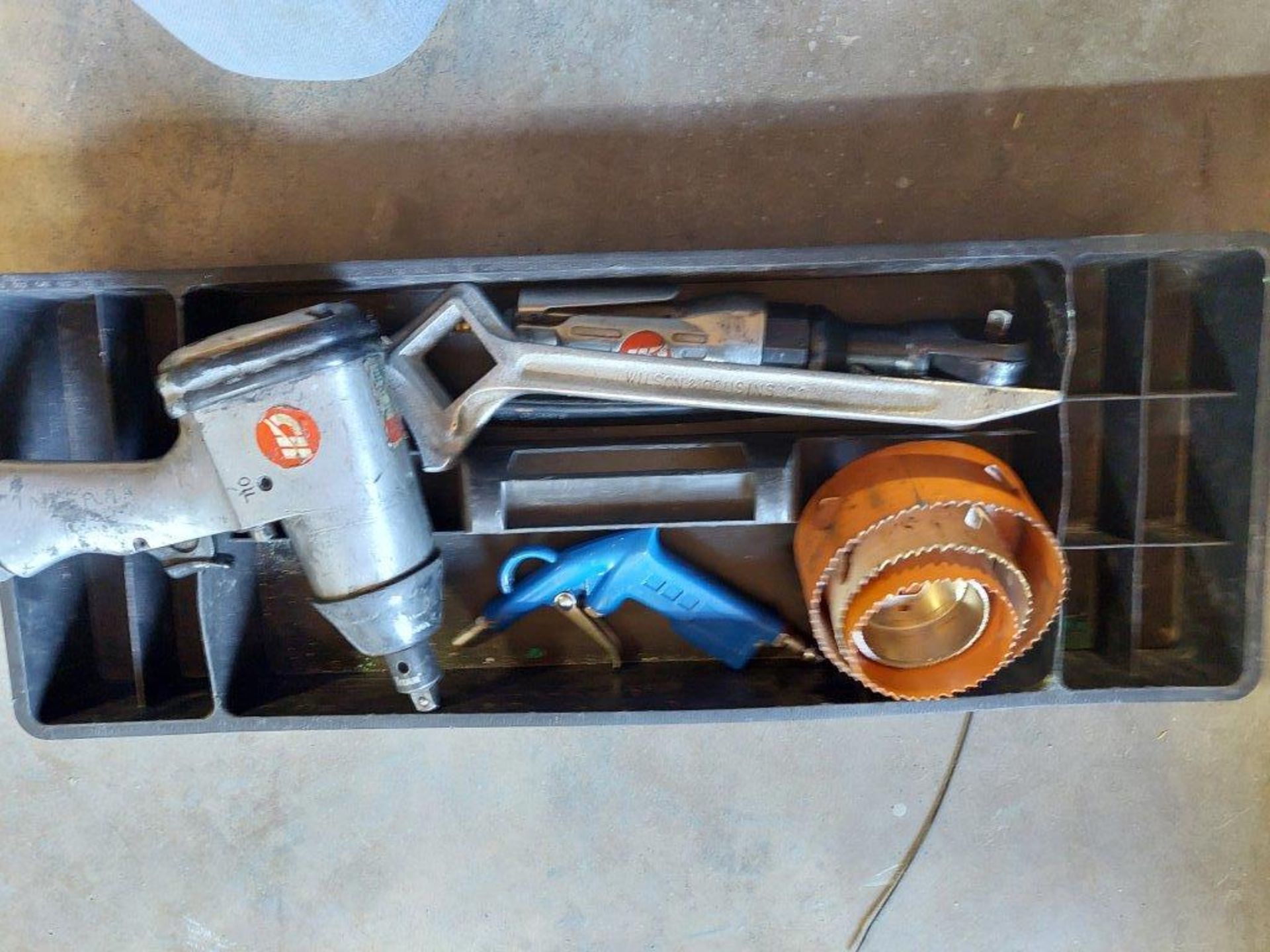 ASSORTED AIR TOOLS, FIRE HYDRANT WRENCH, AND LUBRICATING FLUIDS