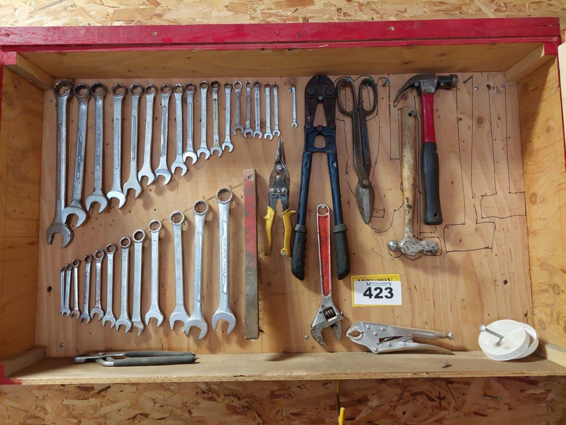 SHOP BUILT CABINET W/ ASSORTED CONTENTS WRENCH SET HAMMERS CRESCENT WRENCH AND SNIPS