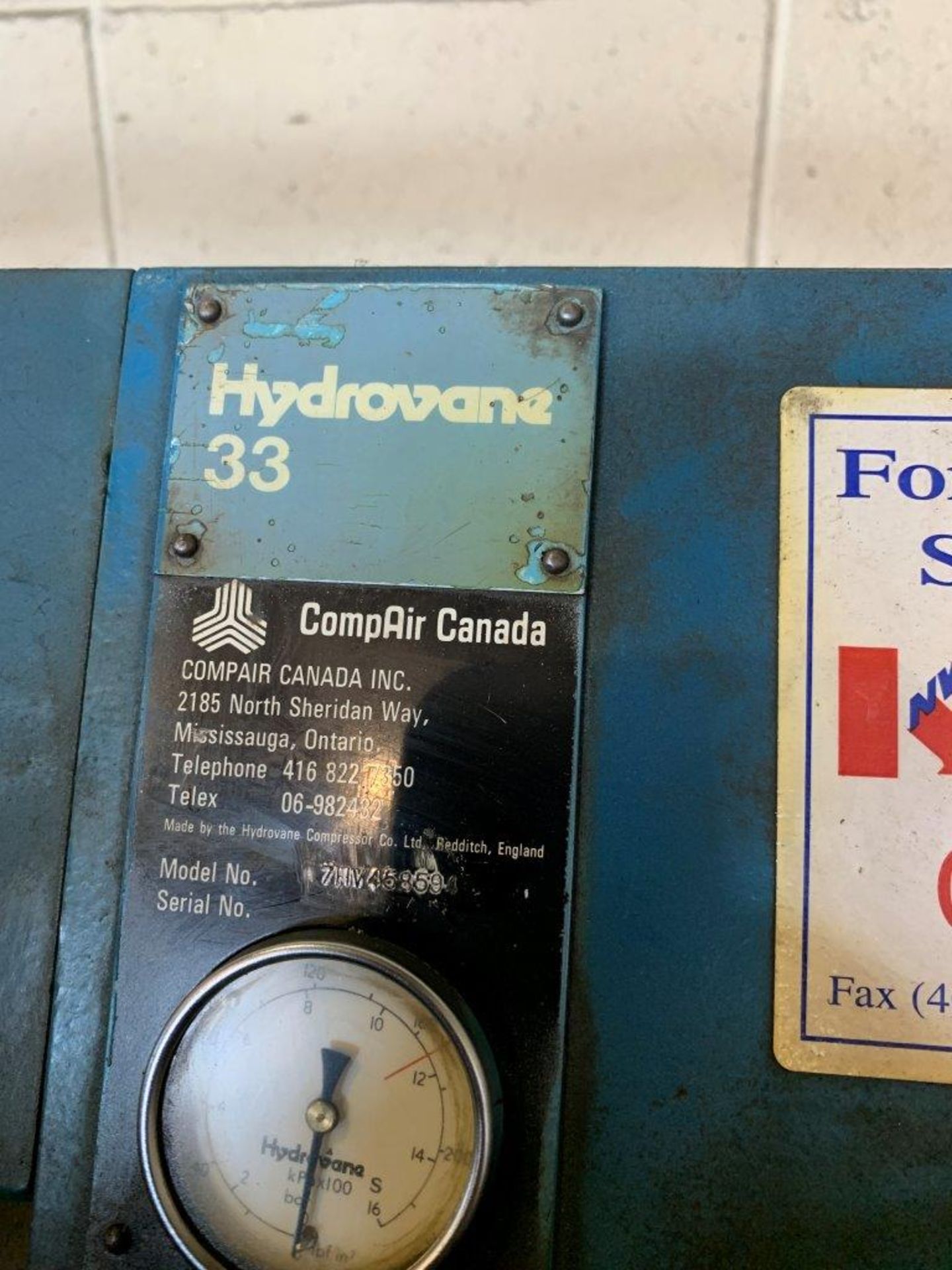 HYDROVANE 33 AIR COMPRESSOR, MODEL 71.1V458694, 10 HP, 3PH, (NEEDS REPAIR, SWITCH NOT INCLUDED) - Image 2 of 3