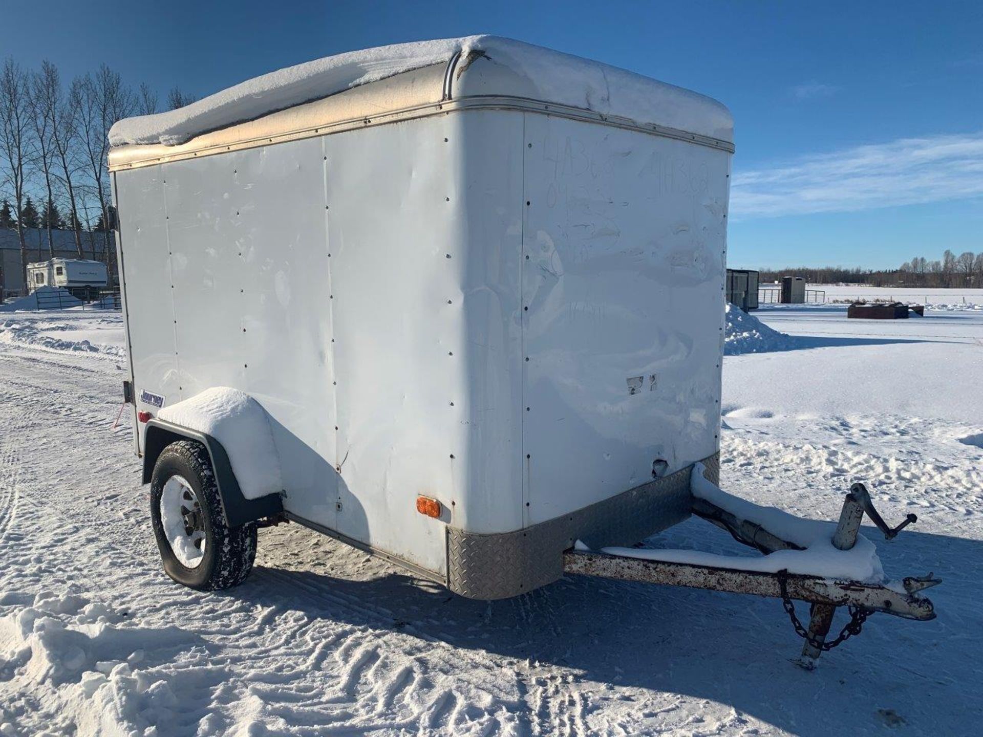 PACE AMERICAN ENCLOSED TRAILER, 5FTX8FT, T/A, REAR DOOR MISSING, INCLUDES HAY, JACK NEEDS REPAIR,