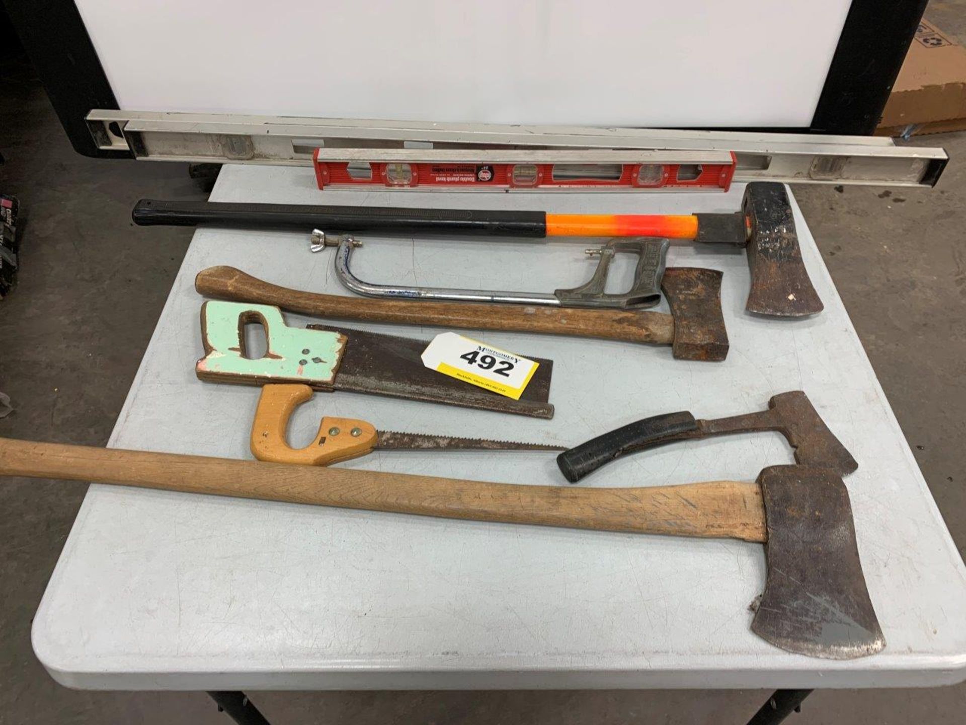 ASSORTED AXES, KEY HOLE SAW, 3-LEVELS, ETC.
