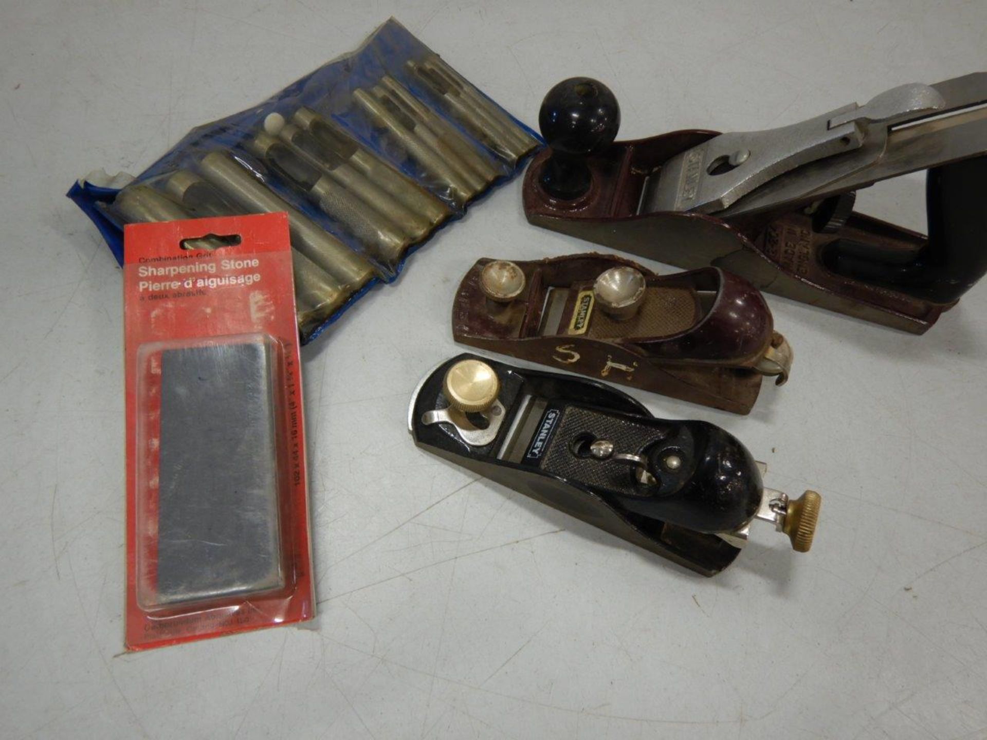 2-STANLEY BLOCK PLANES, 1-JACK PLANE, SHARPENING STONE, AND PUNCH SET