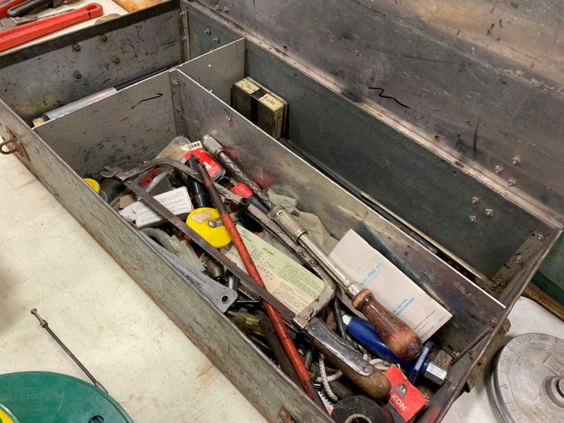 SHOP BUILT ALUMINUM TOOL BOX 30"X15"X6" AND ASSORTED HAND TOOLS, ETC.