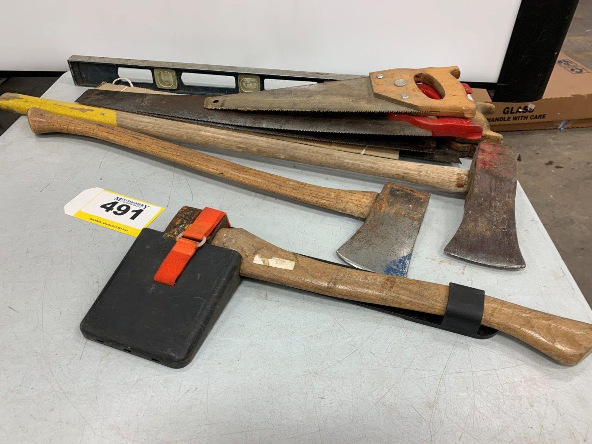 L/O ASSORTED HAND SAWS, AXES, LEVEL, ETC.