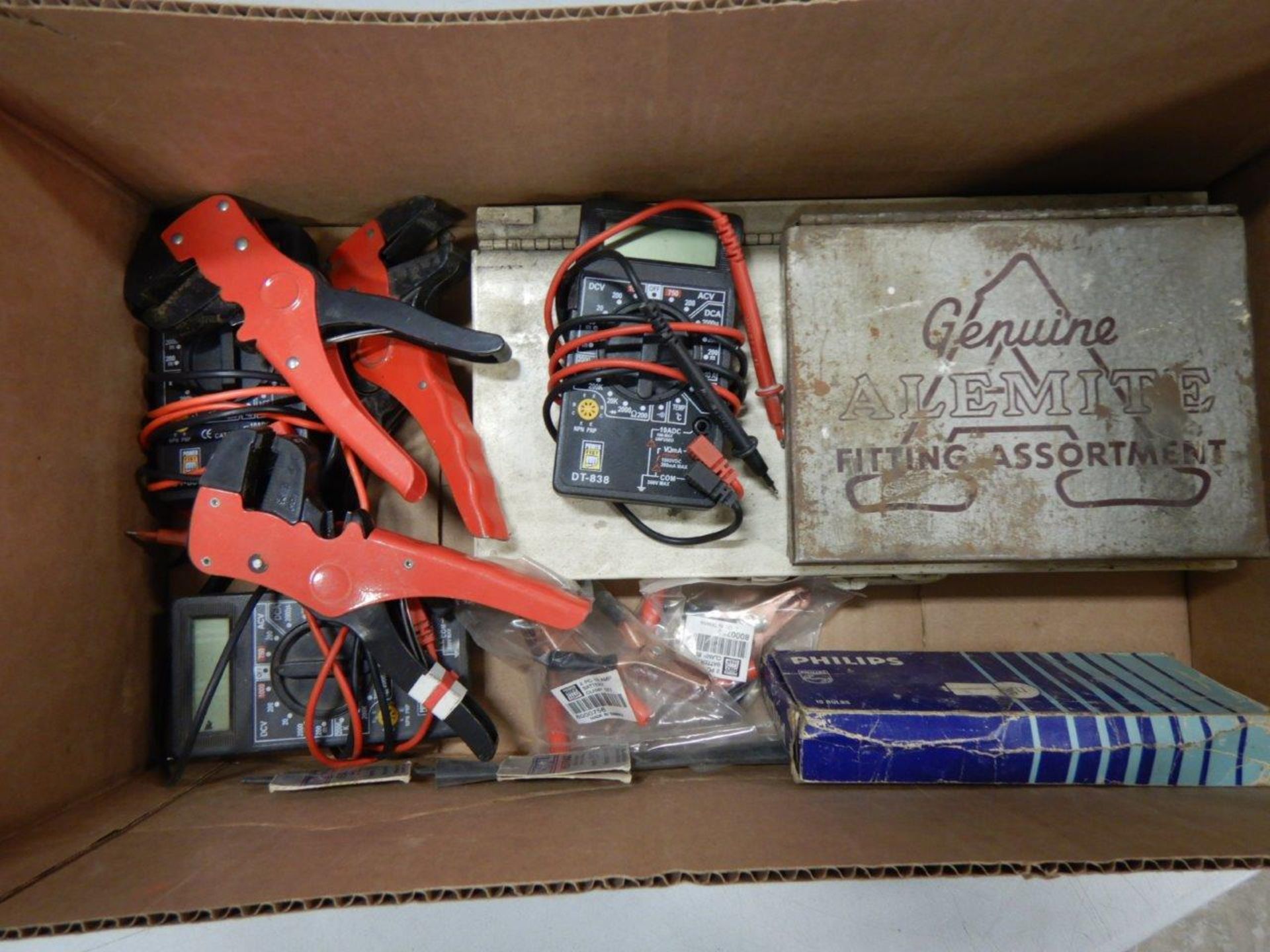 WIRE STRIPPERS, MULTIMETERS, BATTERY CLAMP SETS, ASSORTED ELECTRICAL CONNECTORS, ETC.