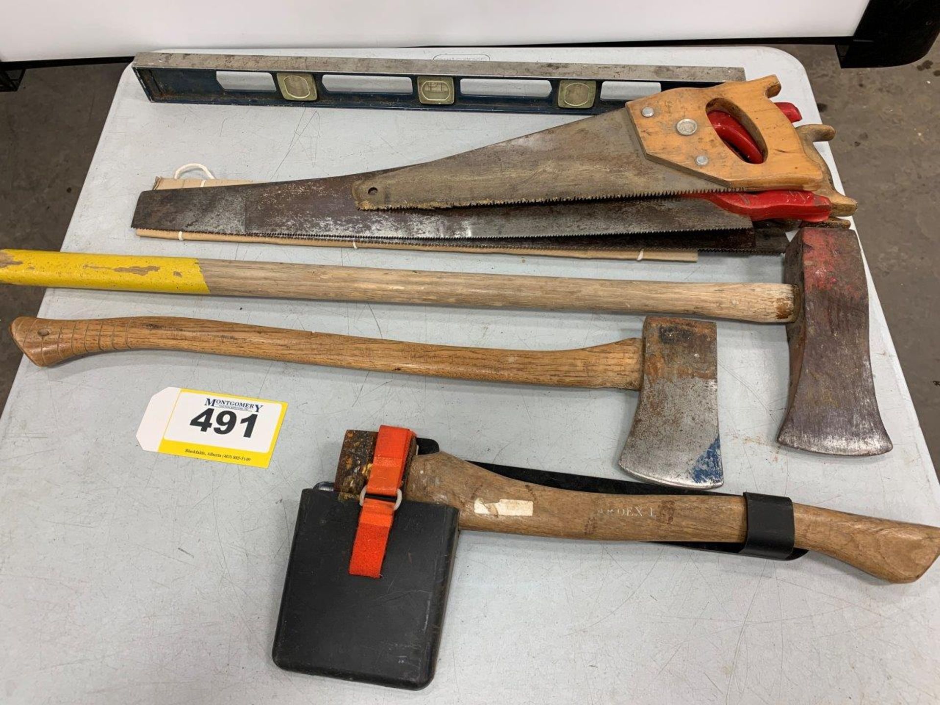 L/O ASSORTED HAND SAWS, AXES, LEVEL, ETC. - Image 2 of 4