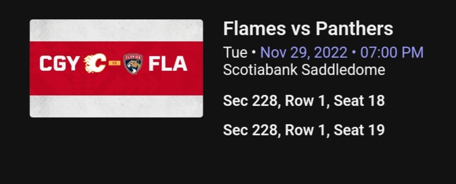 2-Calgary Flames Tickets Vs Florida Panthers Tues Nov 29/22 Donated By: Stack Production Testing