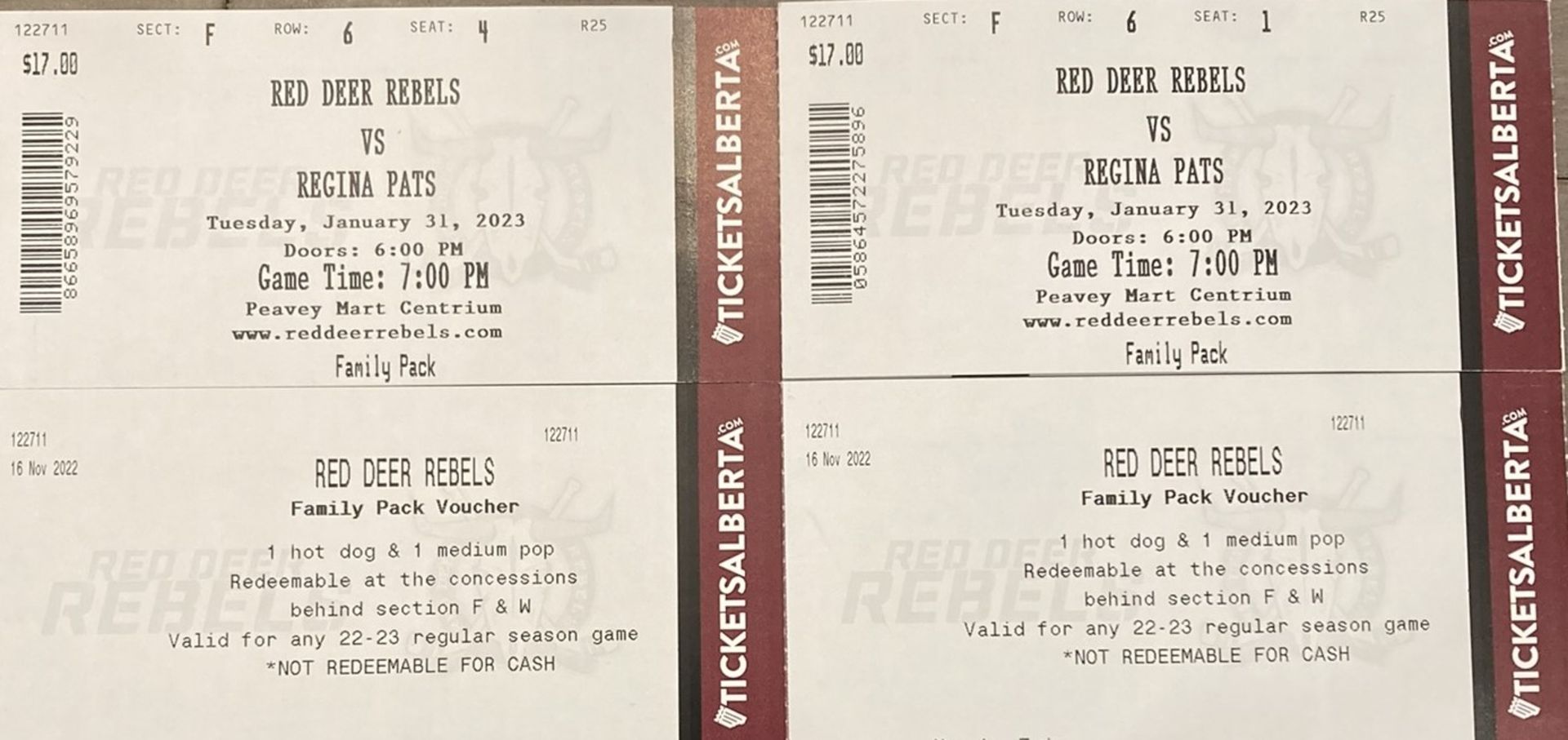 4-Rebels vs Regina Pats (CONNOR BEDARD) Tix Jan 31, Sec F Row 6 Seat 1-4, Donated By: Baker Hughes