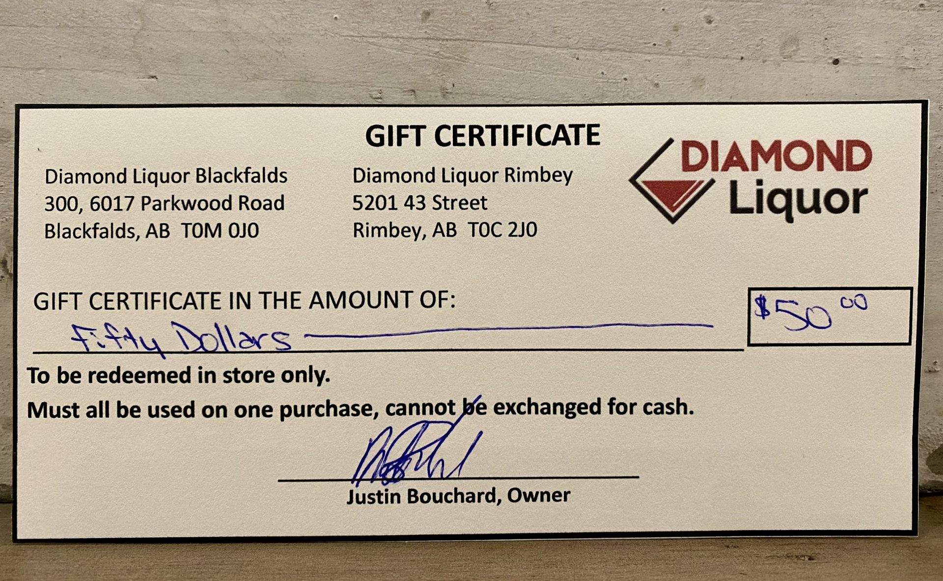 Diamond Liquor Gift Card - Donated By: Diamond Liquor Blackfalds Retail Value: $50