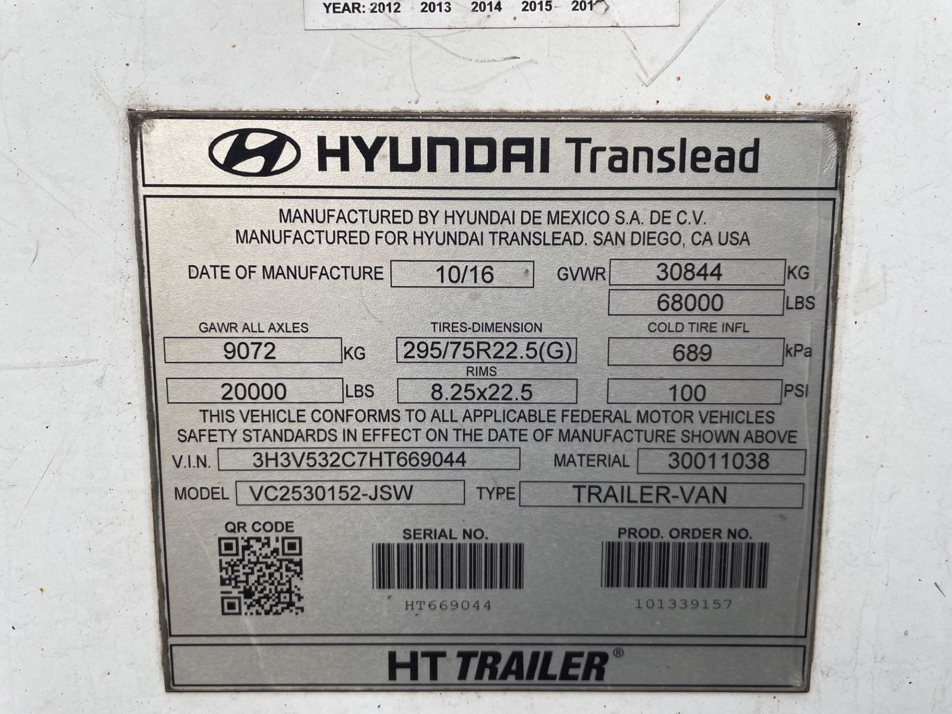 2017 Hyundai VC2530152-JSW HT Composite 53' T/A Dry Van Trailer - Image 5 of 23