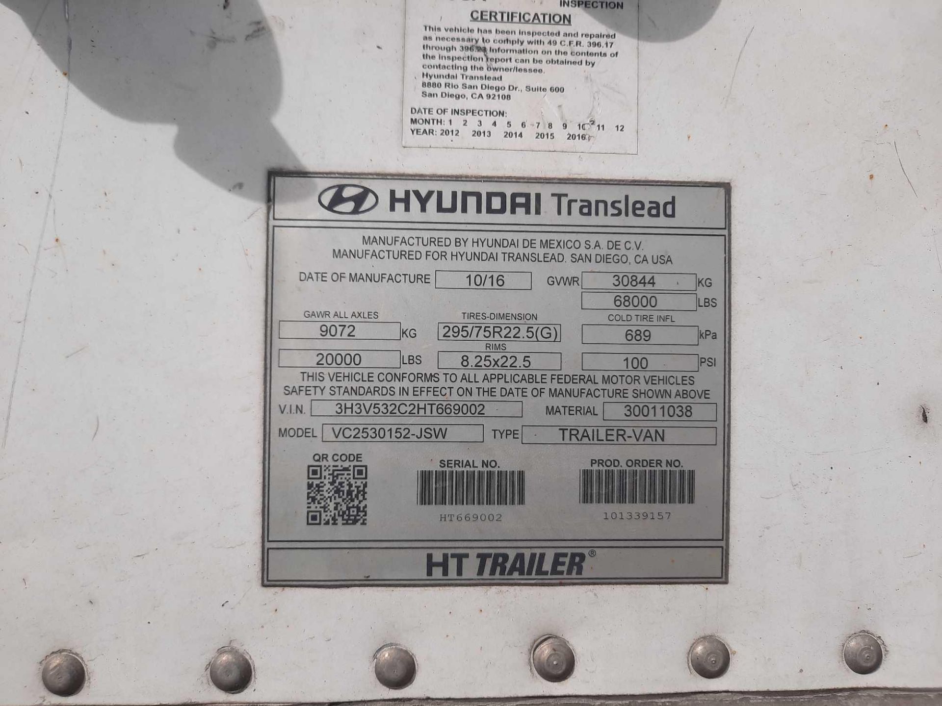 2017 Hyundai VC2530152-JSW HT 53' Tandam Axle, Dry Van Trailer - Image 5 of 26