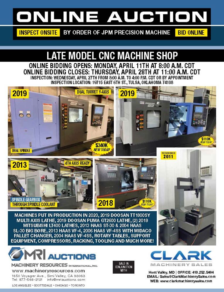 LATE MODEL CNC MACHINE SHOP AUCTION – By Order of JPM Precision Machine