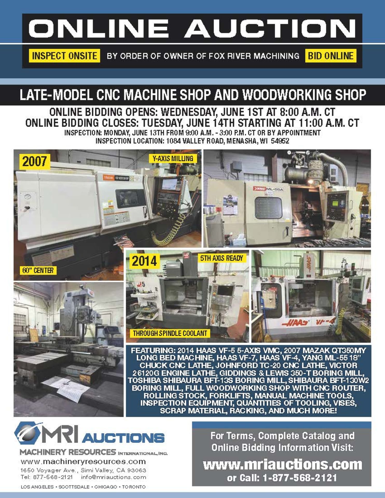 LATE-MODEL CNC MACHINE AND WOODWORKING SHOP – BY ORDER OF OWNER OF FOX RIVER MACHINING