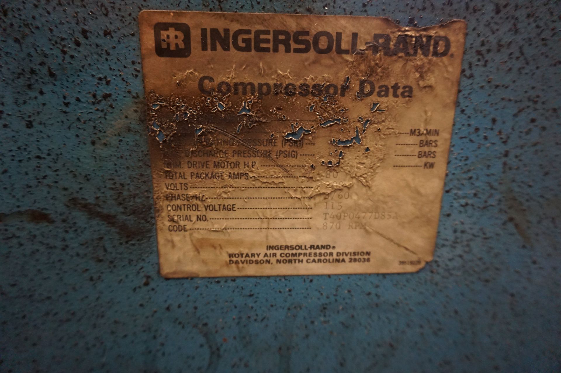 INGERSOLL-RAND AIR COMPRESSOR, S/N T40P0477D85A - Image 2 of 5