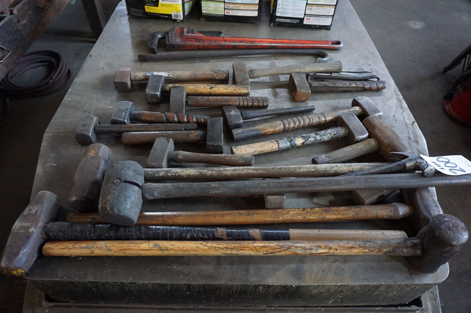 LOT TO INCLUDE: MISC. SLEDGEHAMMERS, METAL WORKING MALLETS AND HAMMERS, CROWBAR, AND RIDGID PIPE - Image 3 of 4