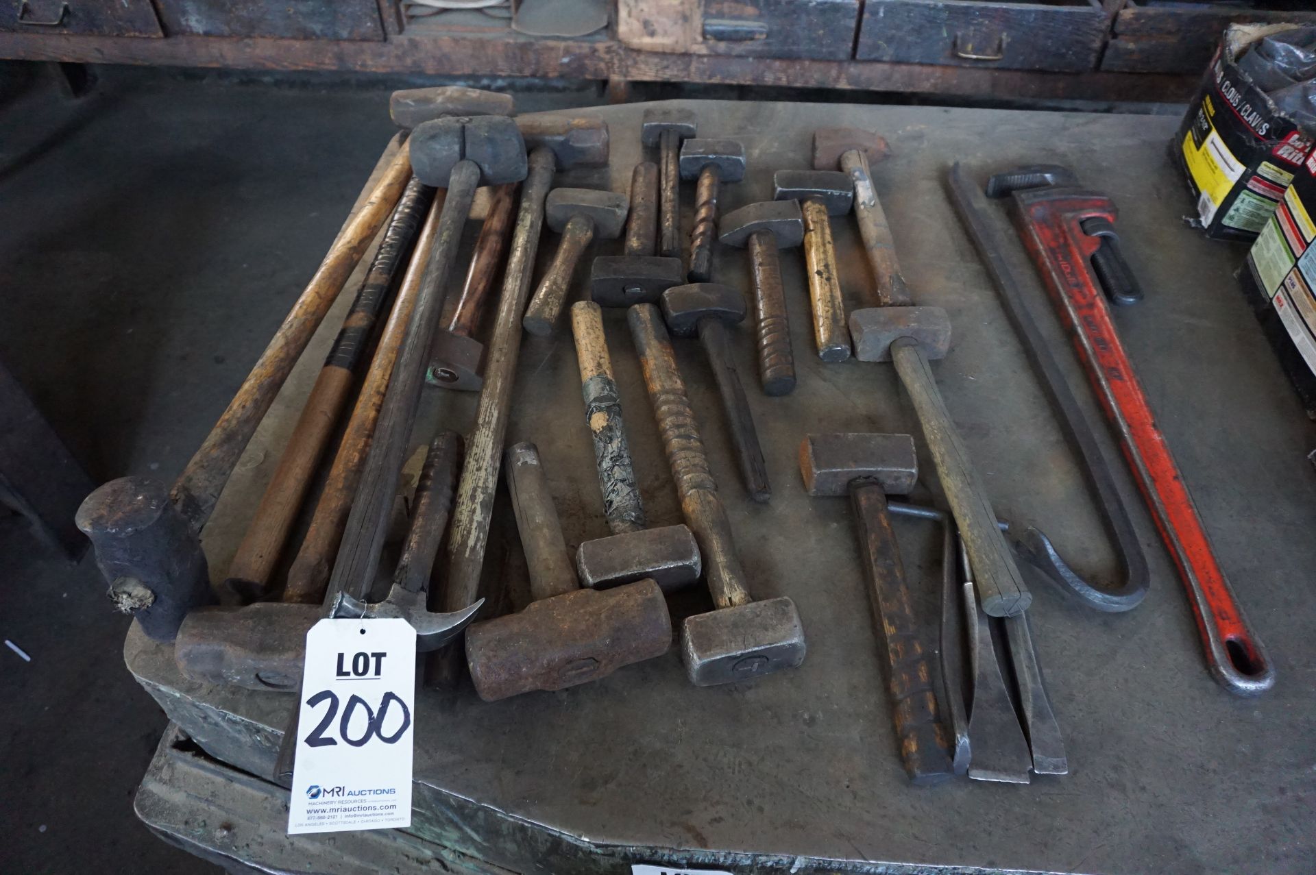 LOT TO INCLUDE: MISC. SLEDGEHAMMERS, METAL WORKING MALLETS AND HAMMERS, CROWBAR, AND RIDGID PIPE - Image 2 of 4
