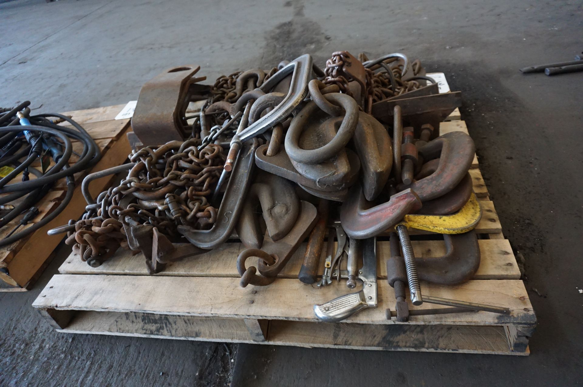 PALLET OF MISC. CHAINS, C-CLAMPS, AND FIXTURES - Image 2 of 2