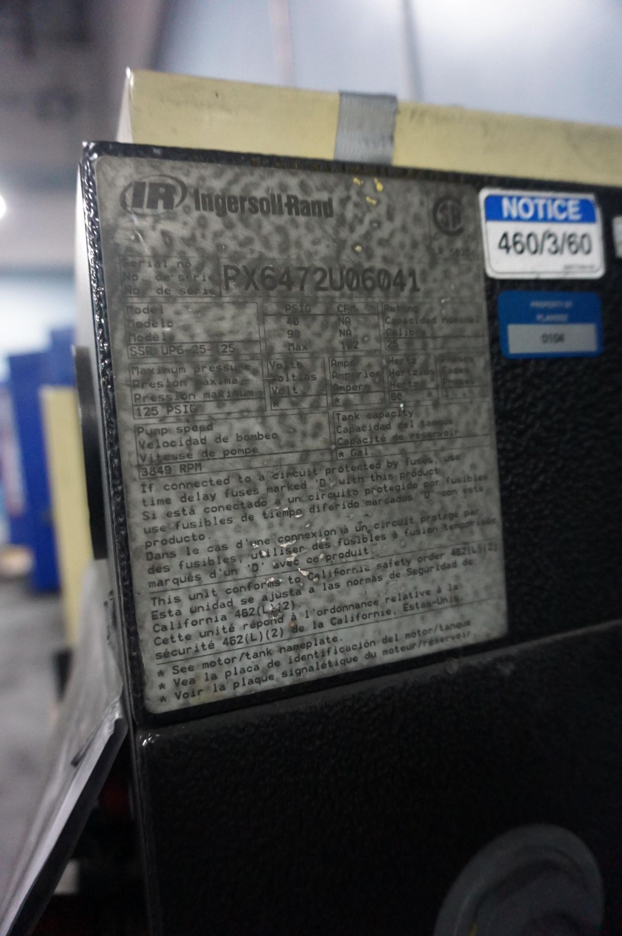 INGERSOLL RAND AIR COMPRESSOR MODEL UP6-25-125, S/N PX6472U06041, MAX PRESSURE 125 PSIG, 3849 RPM - Image 2 of 5