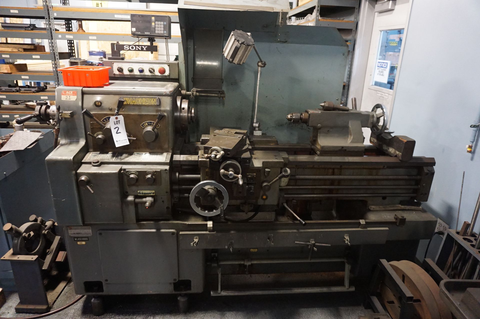 1988 WHACHEON TRADEMARK WL-435 X 1000G MACHINE LATHE WITH TAILSTOCK, S/N 8803-51 TO INCLUDE SONY - Image 9 of 15