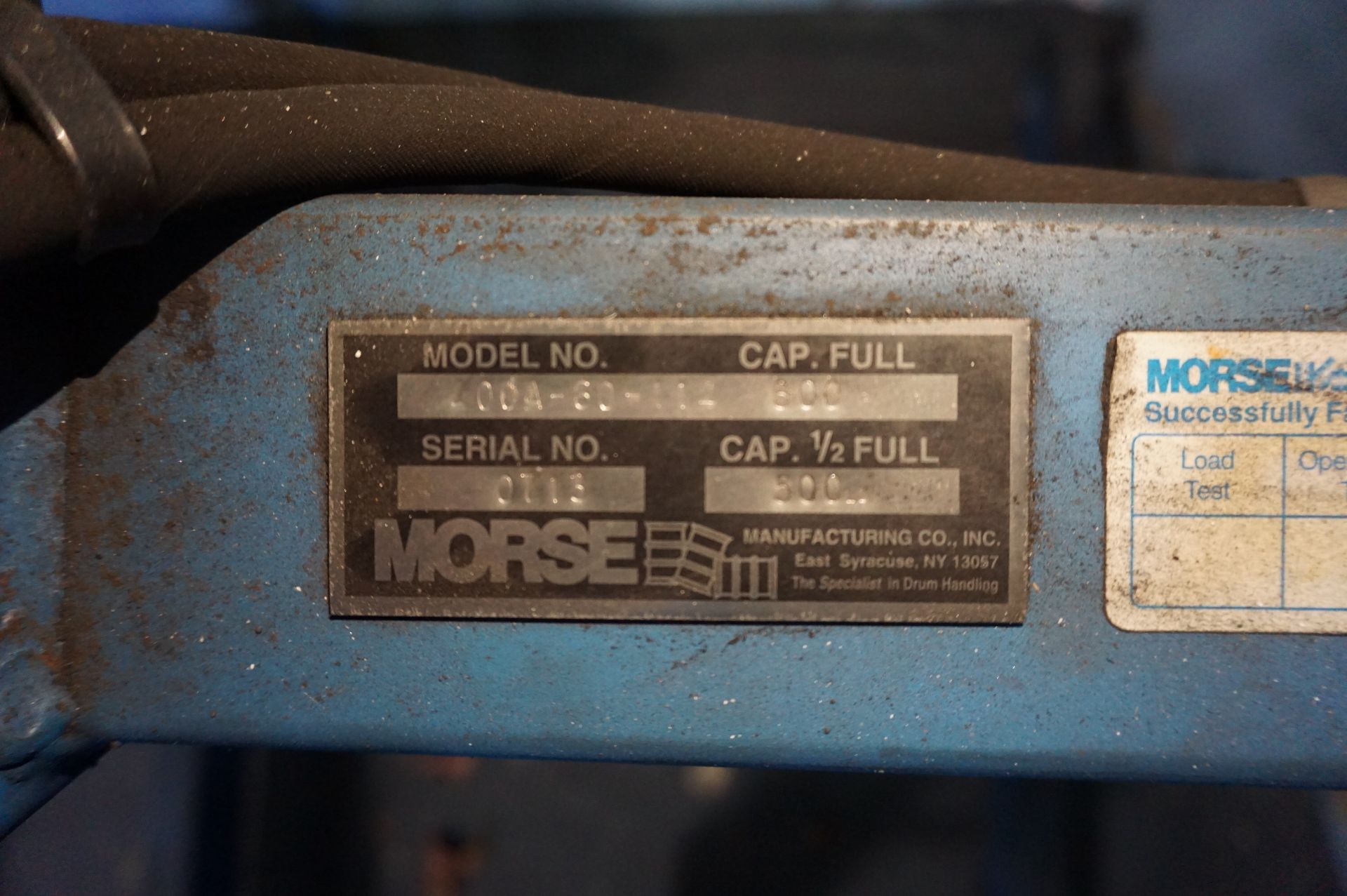 MORSE BARREL LIFT, MODEL 400A-80-114, S/N 0713, 800 LB MAX CAPACITY - Image 2 of 3