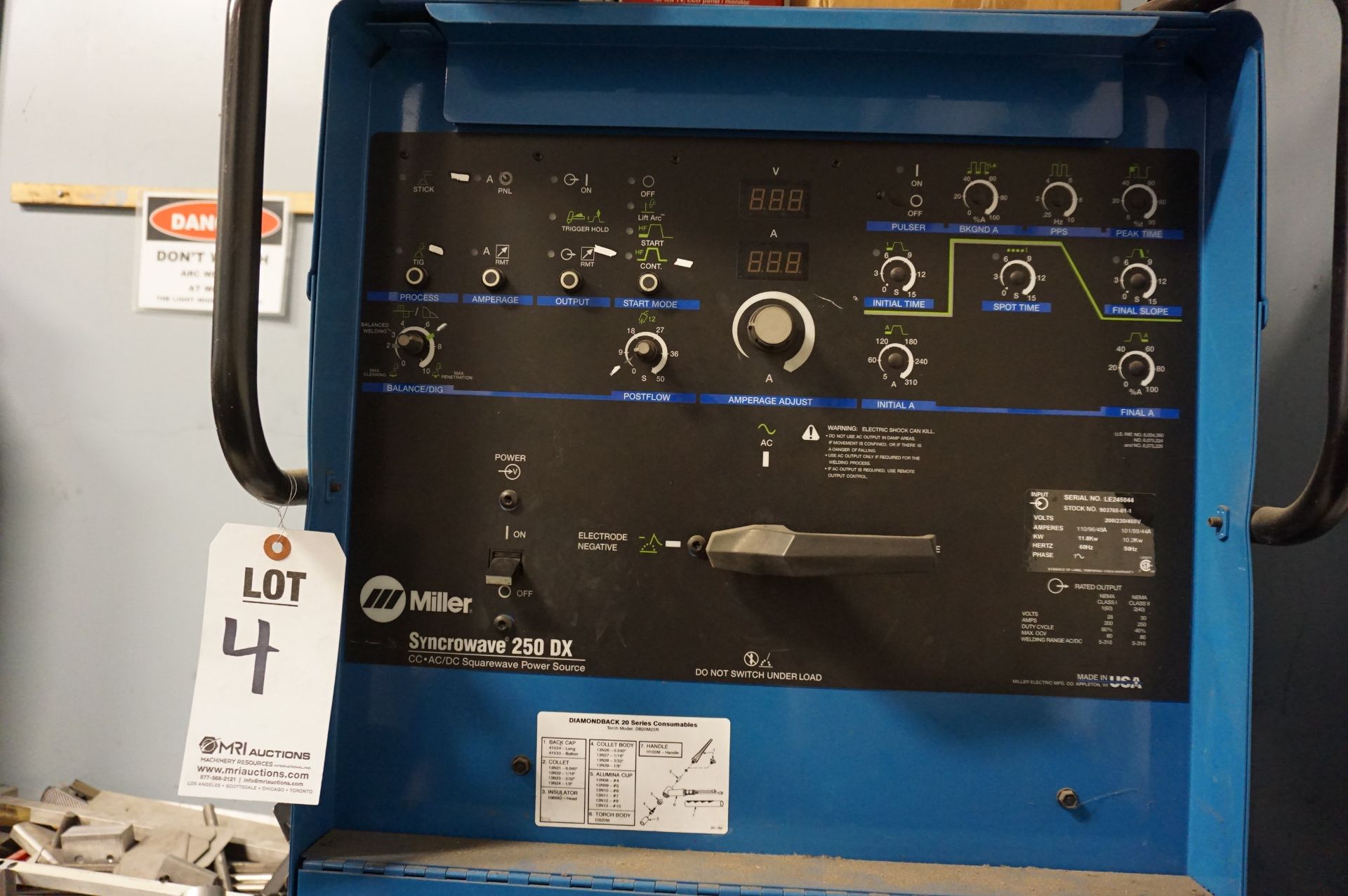MILLER SYNCROWAVE 250 DX TIG WELDER WITH PEDAL, S/N LE245844, STOCK 903765-01-1 - Image 2 of 3